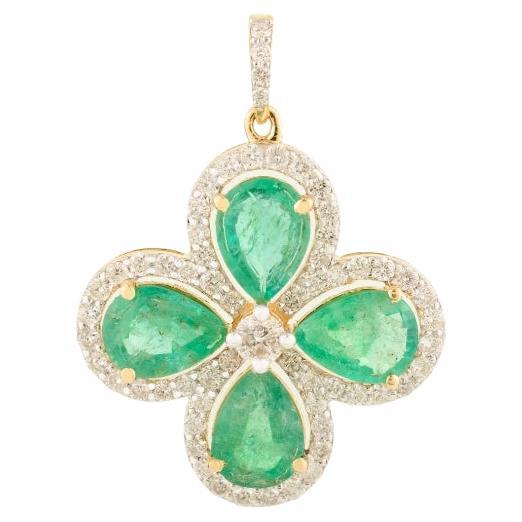 Stunning 3.56ct Emerald & Diamond Clover Pendant Made in 18K Solid White Gold