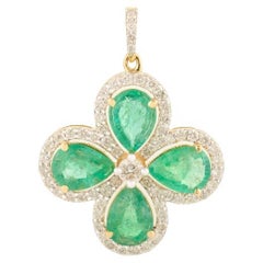 Stunning 3.56ct Emerald & Diamond Clover Pendant Made in 18K Solid White Gold