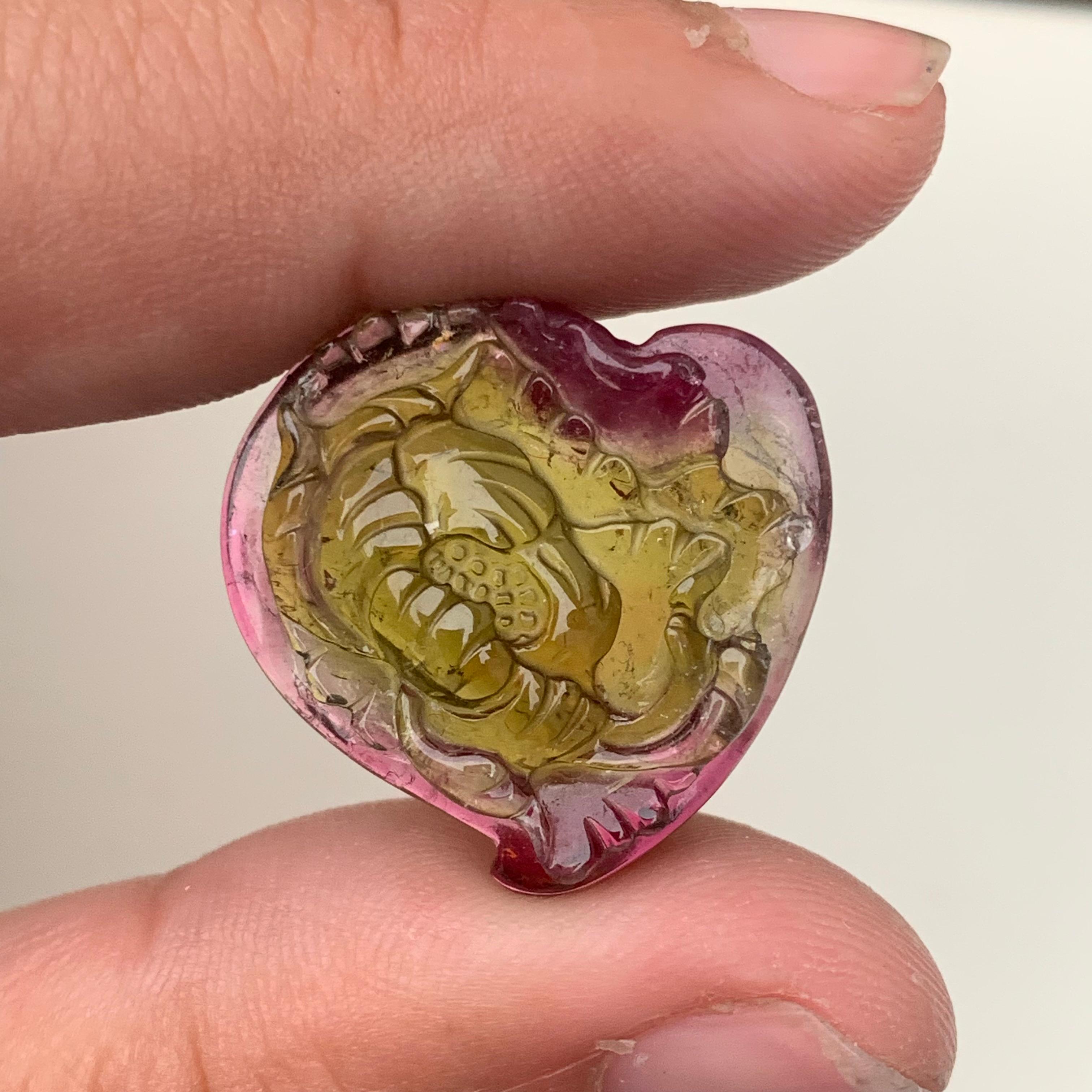 Stunning 35.80 Carat Natural Loose Bi Color Tourmaline Heart Shape Carving For Sale 3