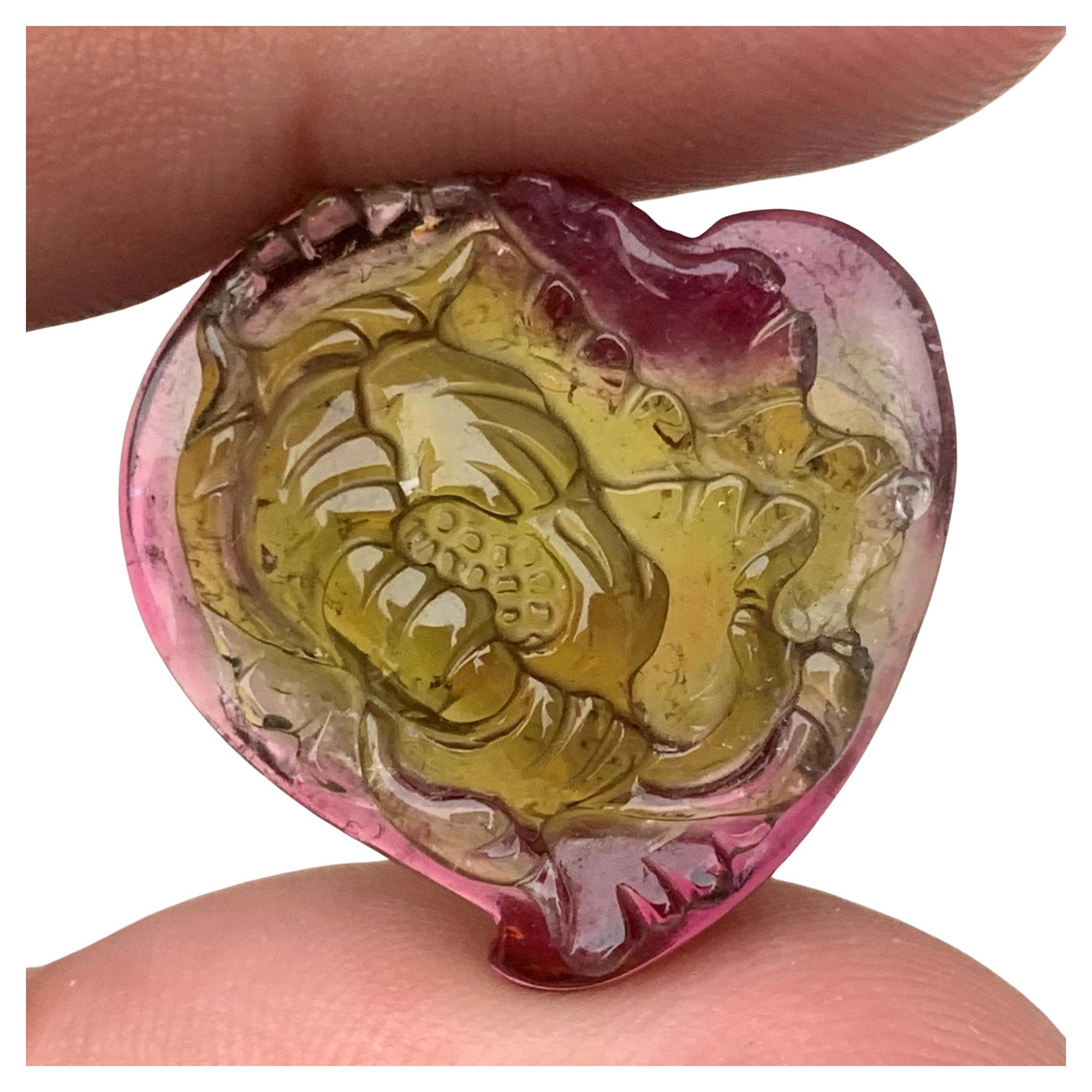 Stunning 35.80 Carat Natural Loose Bi Color Tourmaline Heart Shape Carving For Sale