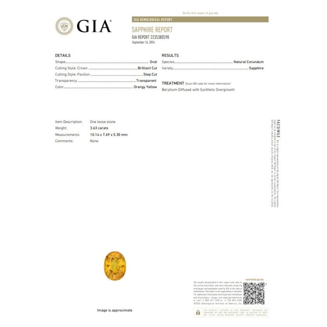 This exquisite 3.63-carat orangy yellow sapphire captivates with its vibrant and unique hue, offering a perfect blend of fiery orange and golden yellow tones. The gemstone is expertly cut in a classic oval shape, enhancing its brilliance and