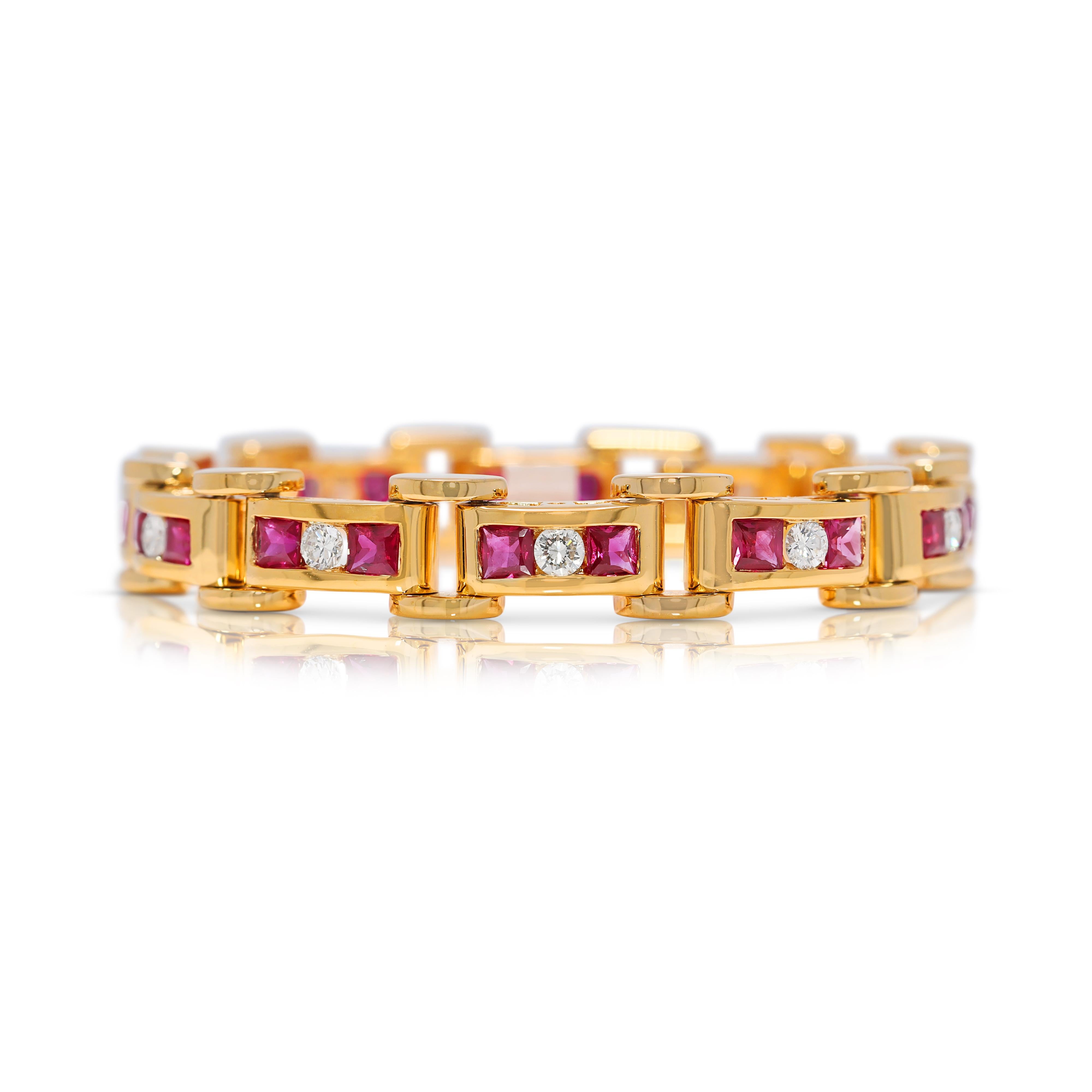 Taille princesse Superbe bracelet Link en or jaune 14 carats avec rubis et diamants naturels de 3,6 carats en vente