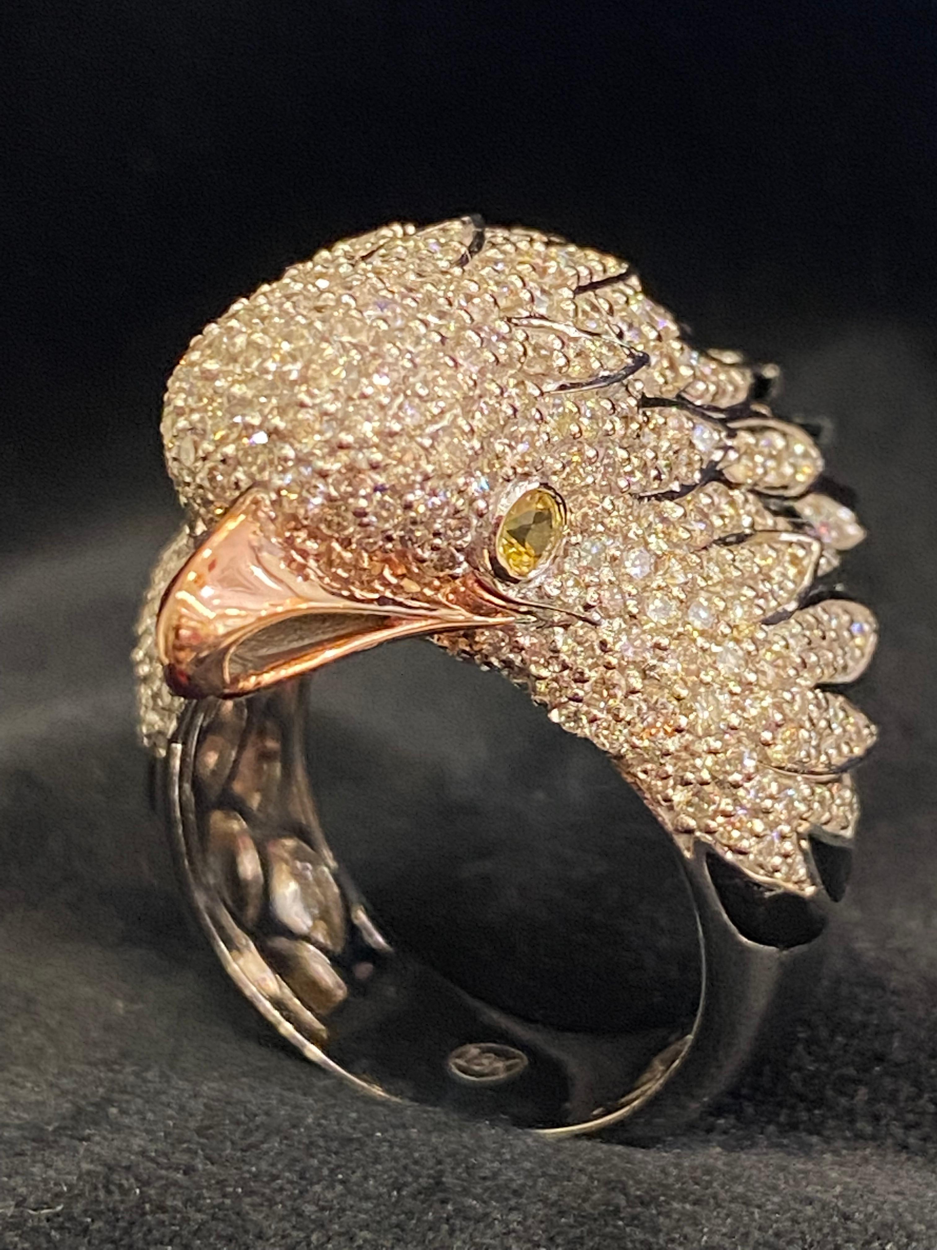 Contemporary Stunning 3.71 Cts Diamonds Yellow Sapphire Enamel F/VS1 Eagle Ring In 18K Gold For Sale