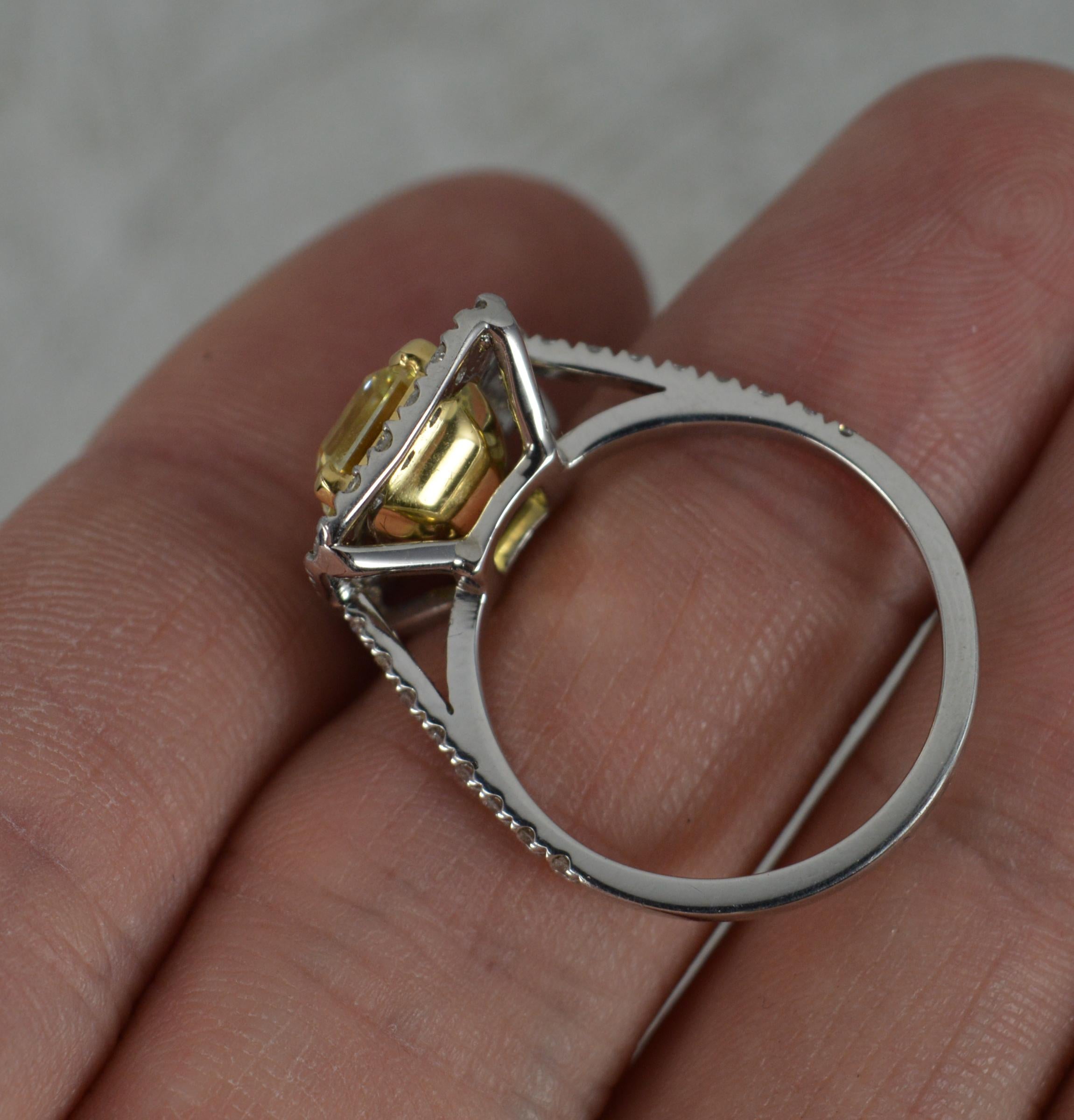 Emerald Cut Stunning 3.75 Carat Yellow Diamond and Platinum Engagement Cluster Ring