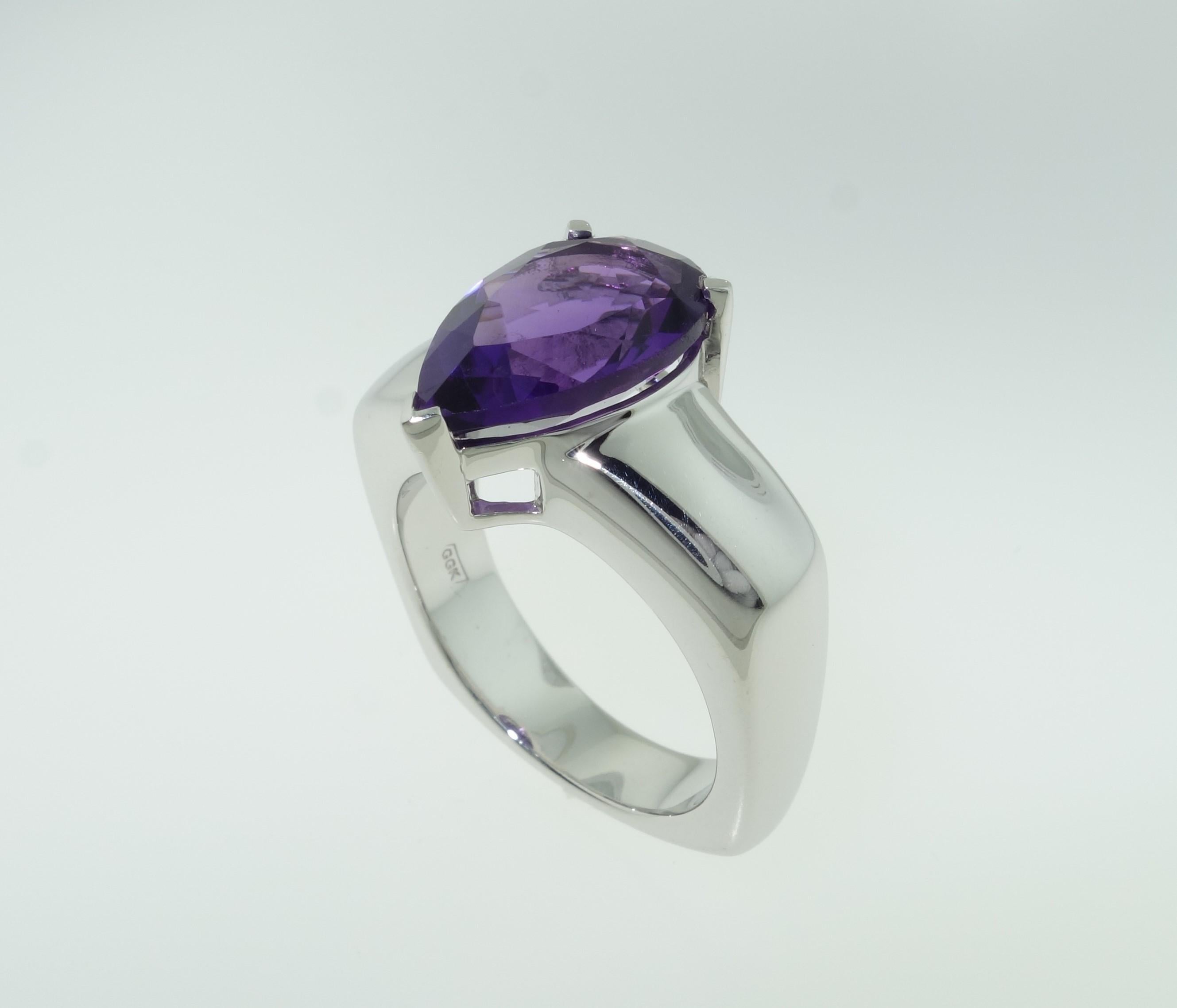 Beautiful solitaire ring featuring a 3.95 carat Amethyst; Sterling Silver Tarnish-resistant Rhodium mounting; Size 8, we offer ring re-sizing. Stylish and Classy…illuminating your look with Timeless Beauty! 
