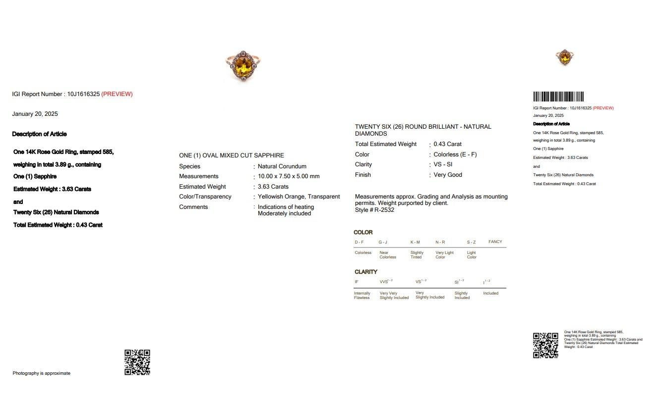 Donna Stupendo anello a grappolo con zaffiro e diamanti da 4,06 carati in oro rosa 14k - IGI in vendita