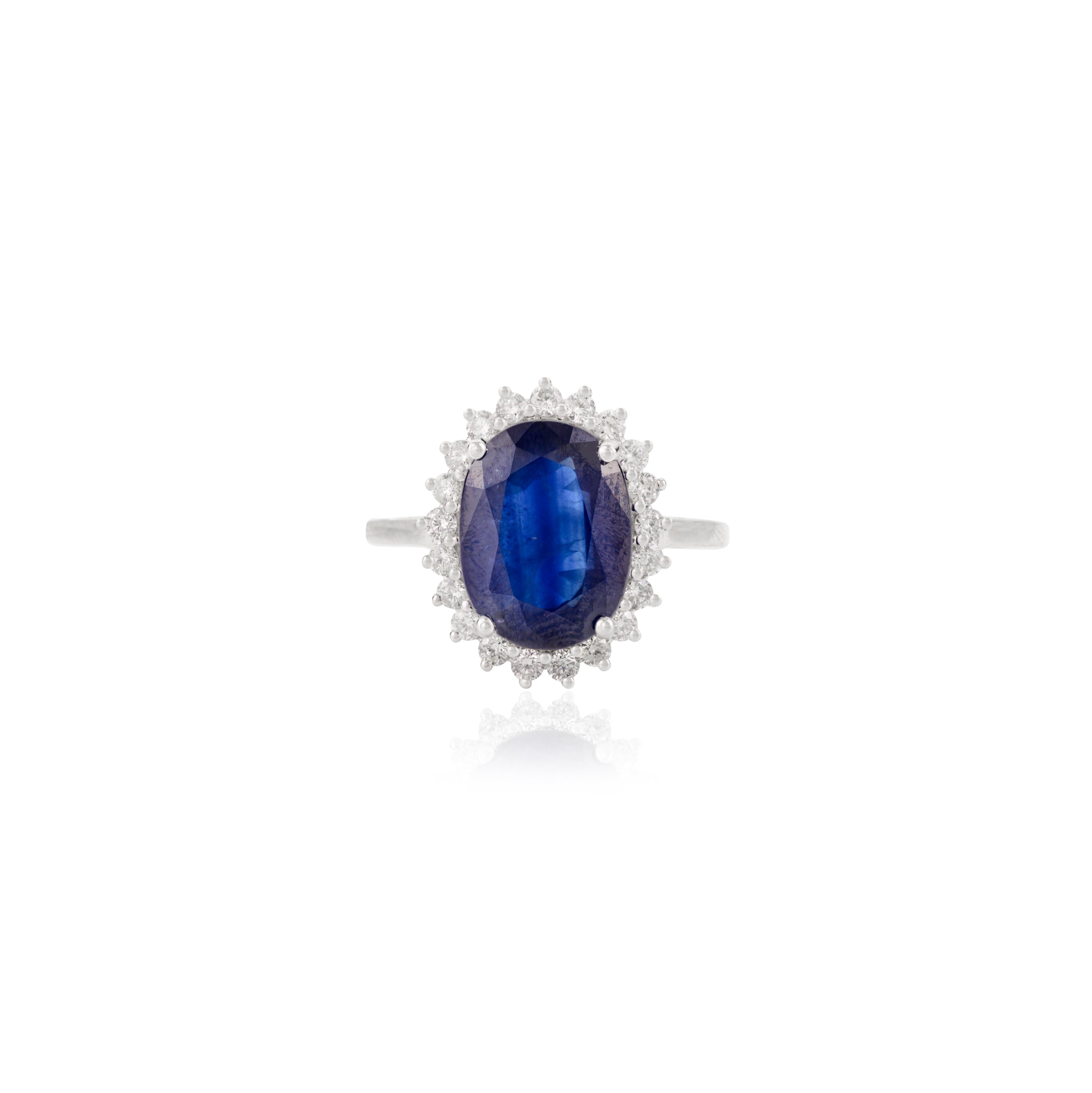 For Sale:  Stunning 4.54 Carat Certified Sapphire Halo Diamond Ring in 14k Solid White Gold 2