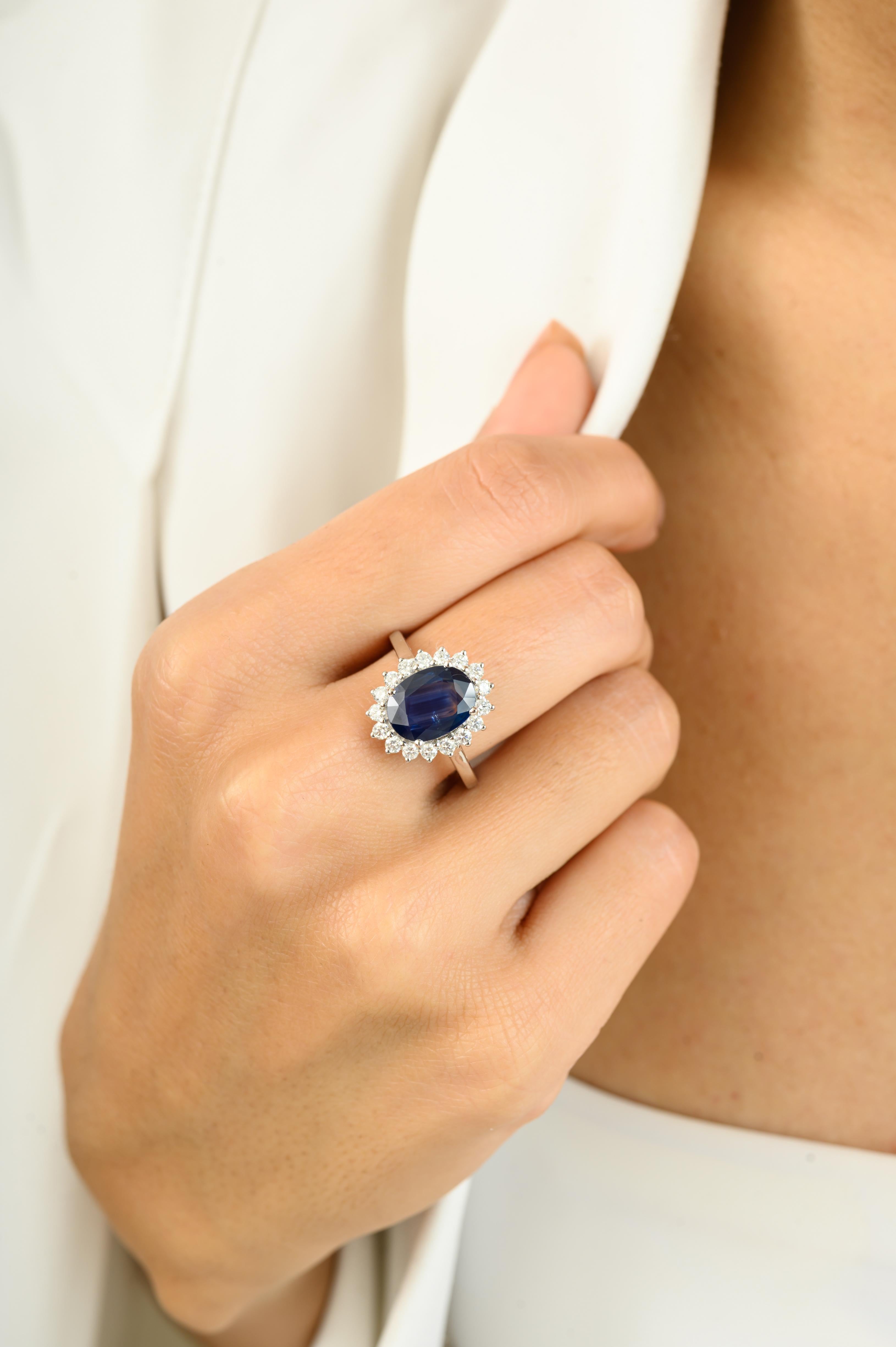 For Sale:  Stunning 4.54 Carat Certified Sapphire Halo Diamond Ring in 14k Solid White Gold 3