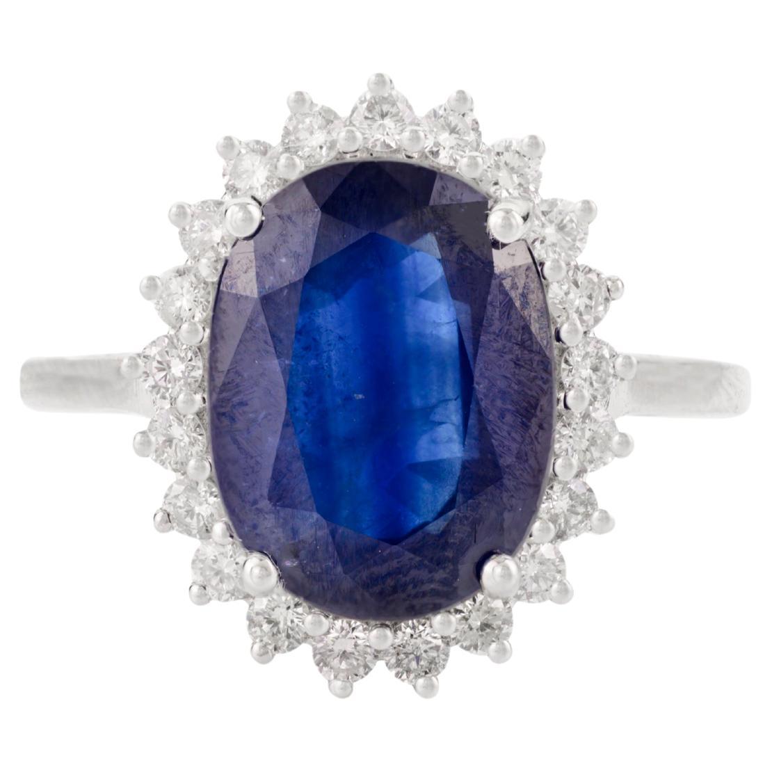 For Sale:  Stunning 4.54 Carat Certified Sapphire Halo Diamond Ring in 14k Solid White Gold