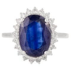 Superbe bague halo de saphirs certifiés 4,54 carats et diamants en or blanc massif 14 carats