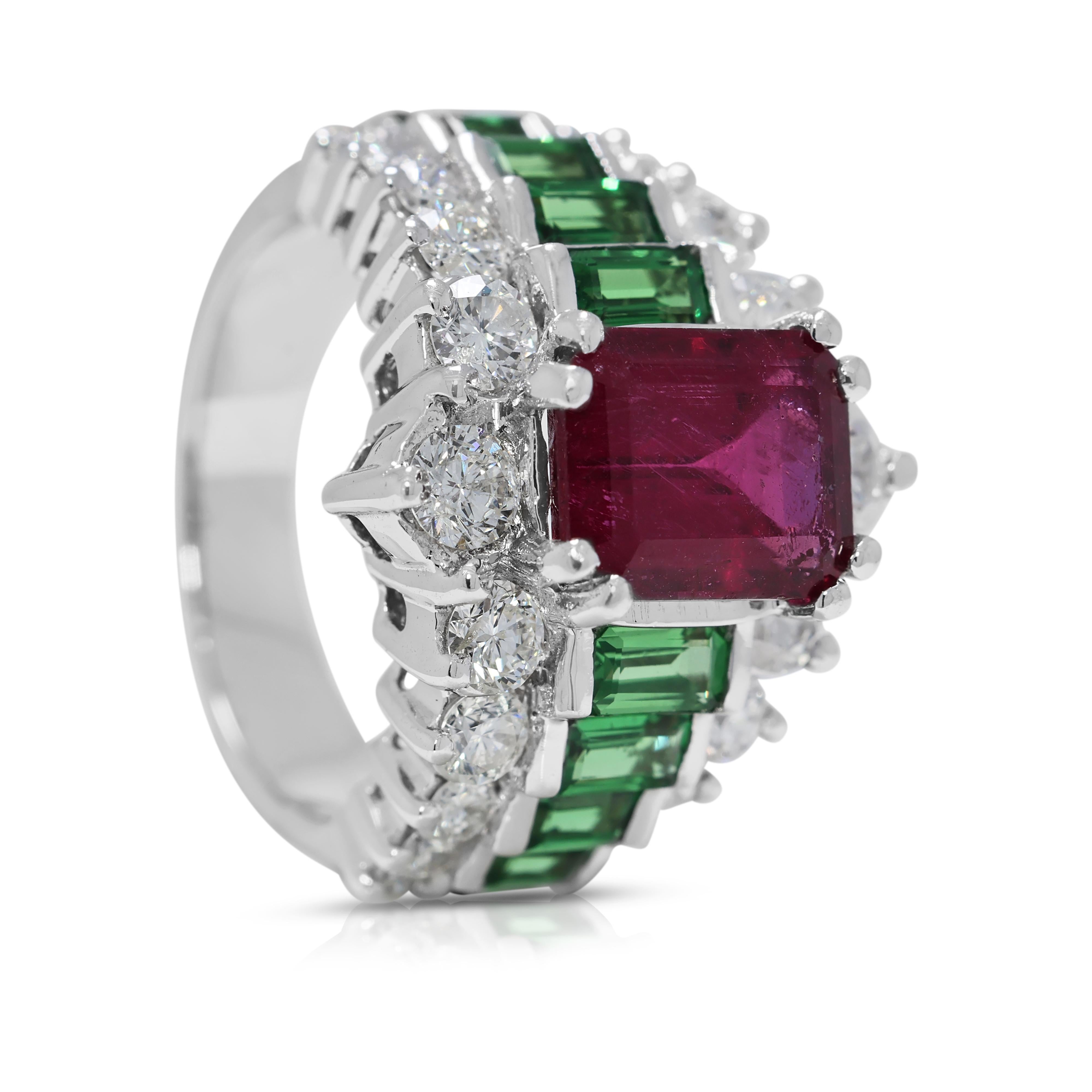 Emerald Cut Stunning 4.66ct Tourmaline, Tsavorite, & Diamonds Ring in 18K White Gold For Sale