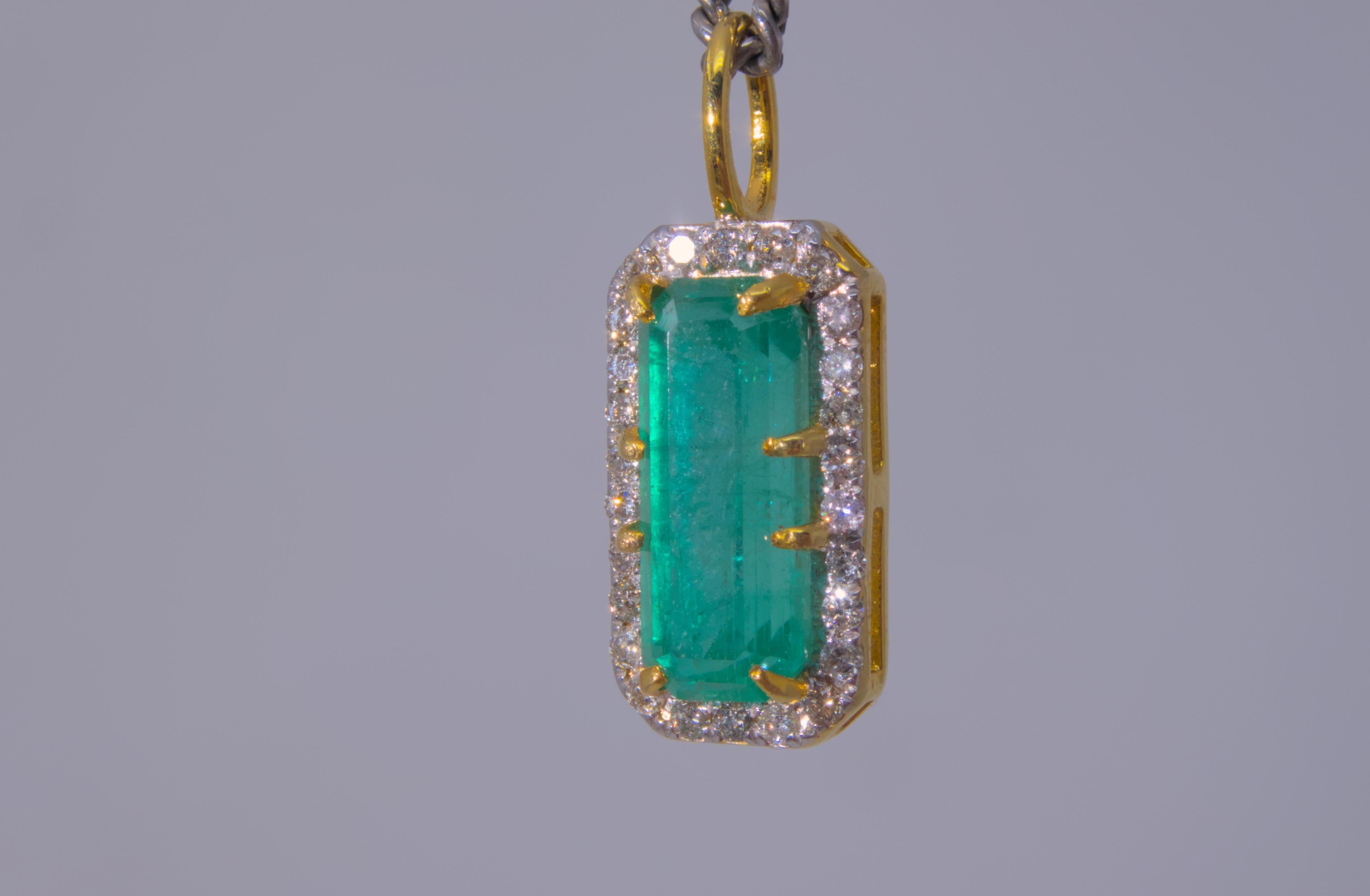 Contemporary Stunning 4.72 Afghan Emerald Pendant with Diamond Halo
