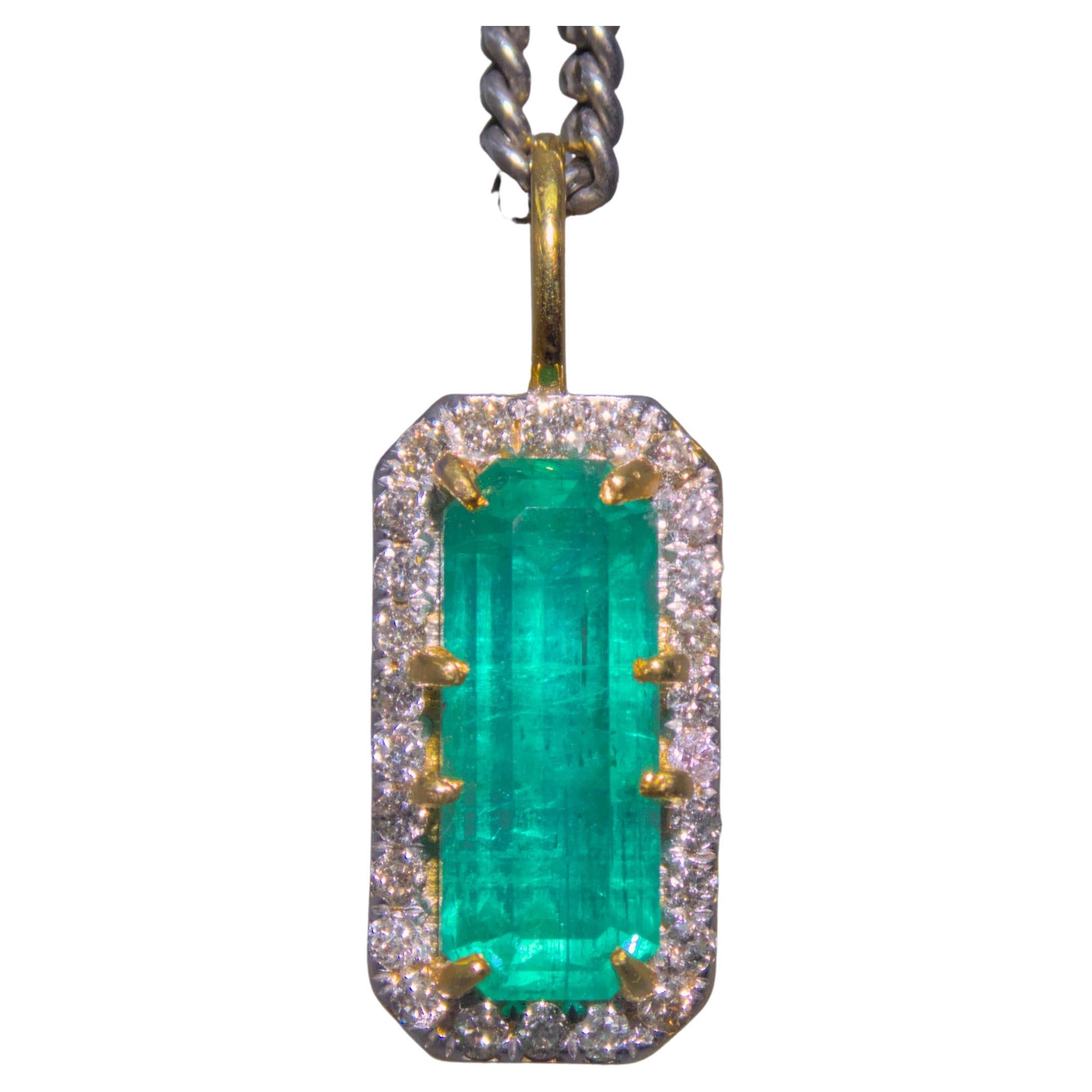 Stunning 4.72 Afghan Emerald Pendant with Diamond Halo
