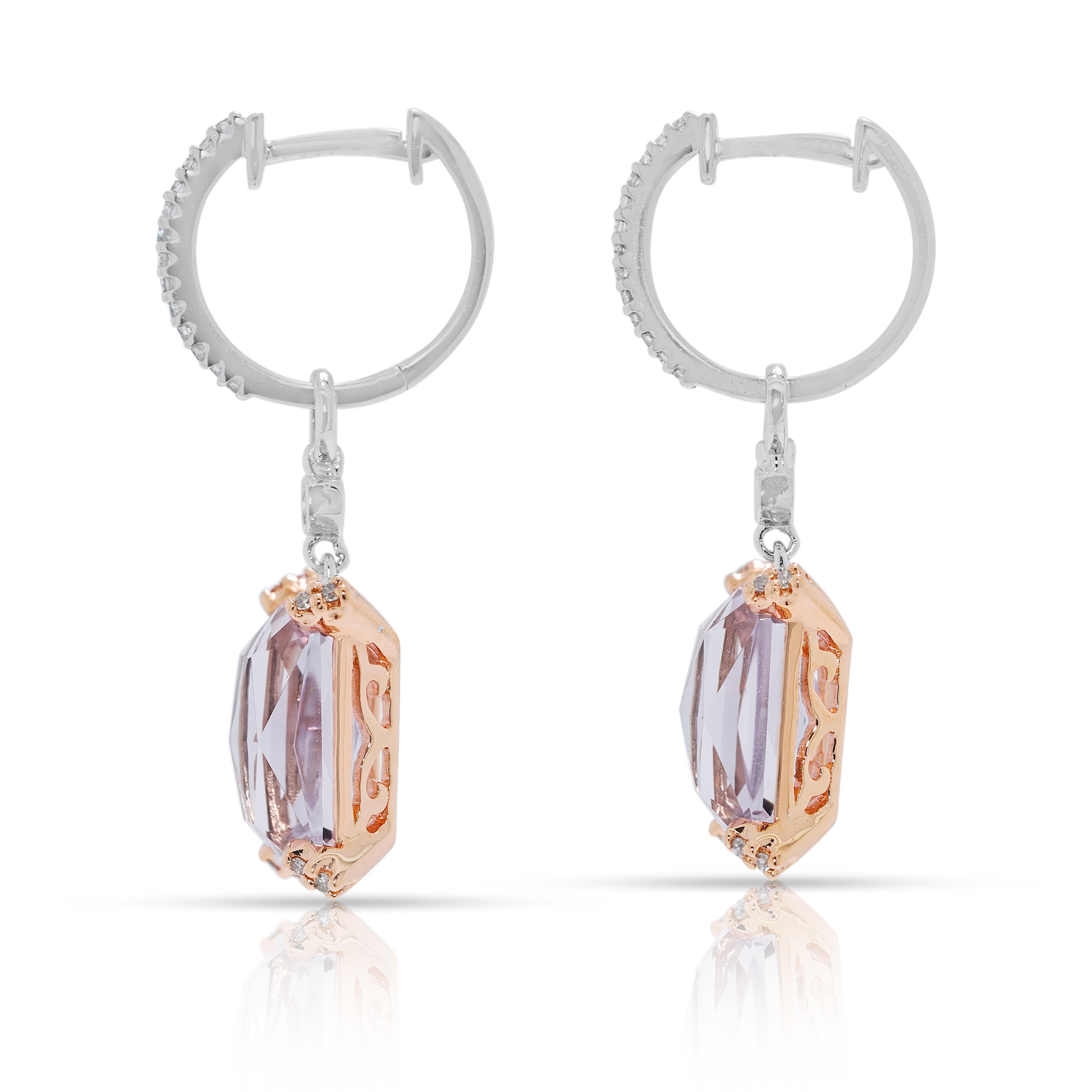 Taglio cuscino Stunning 4.77ct Morganite & Natural Diamond Drop Earrings in 14K Two-Toned Gold in vendita