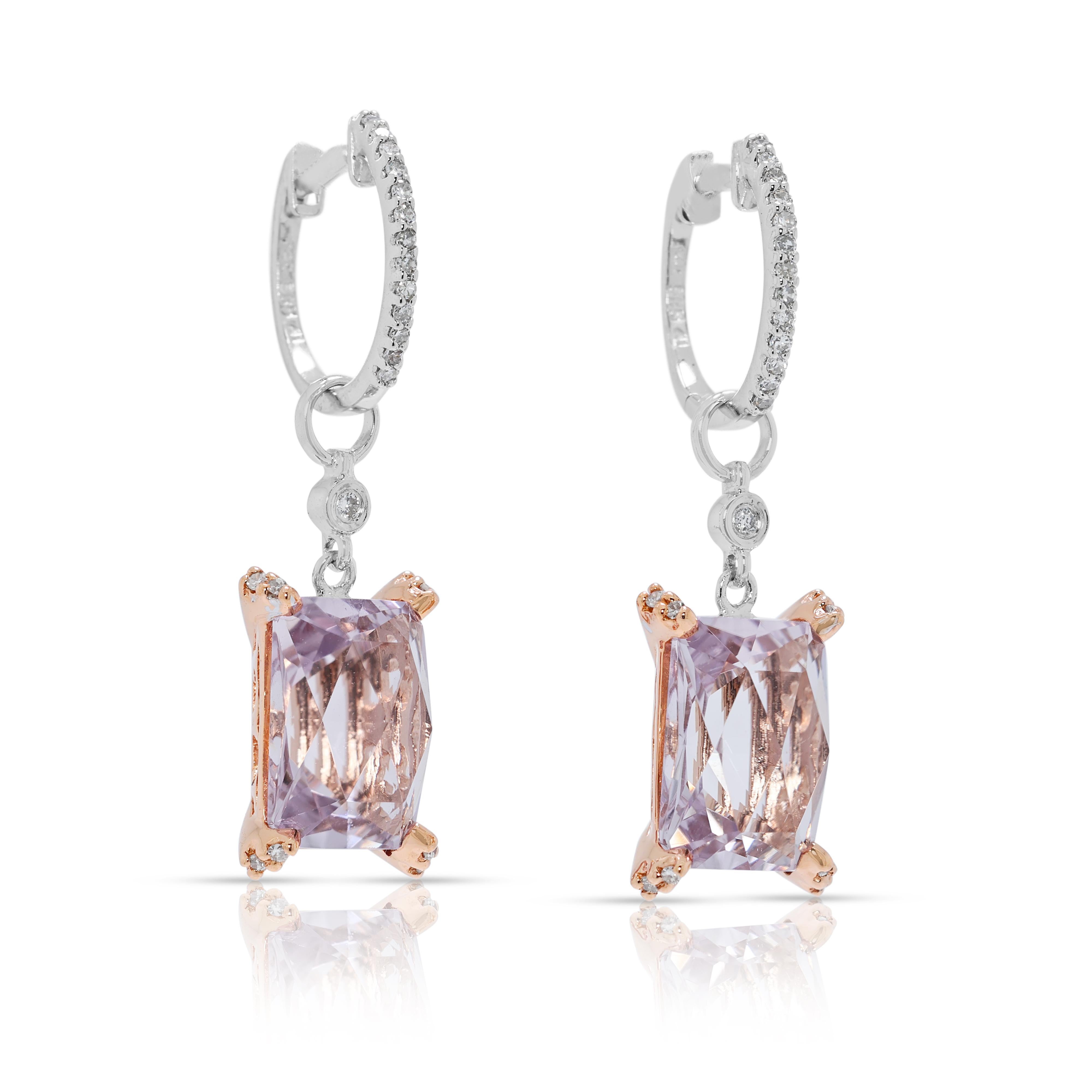 Stunning 4.77ct Morganite & Natural Diamond Drop Earrings in 14K Two-Toned Gold In condizioni ottime in vendita a רמת גן, IL