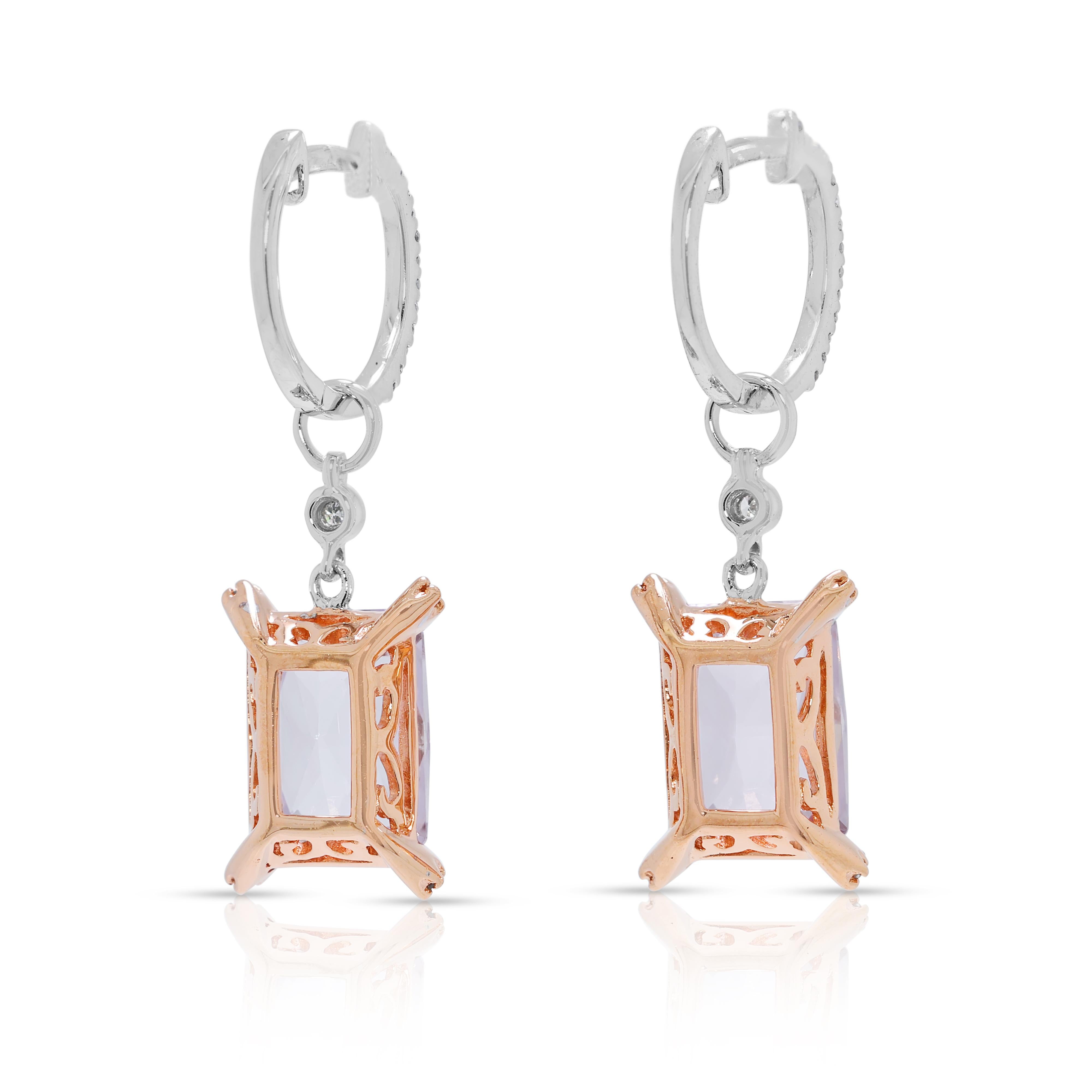 Stunning 4.77ct Morganite & Natural Diamond Drop Earrings in 14K Two-Toned Gold in vendita 1