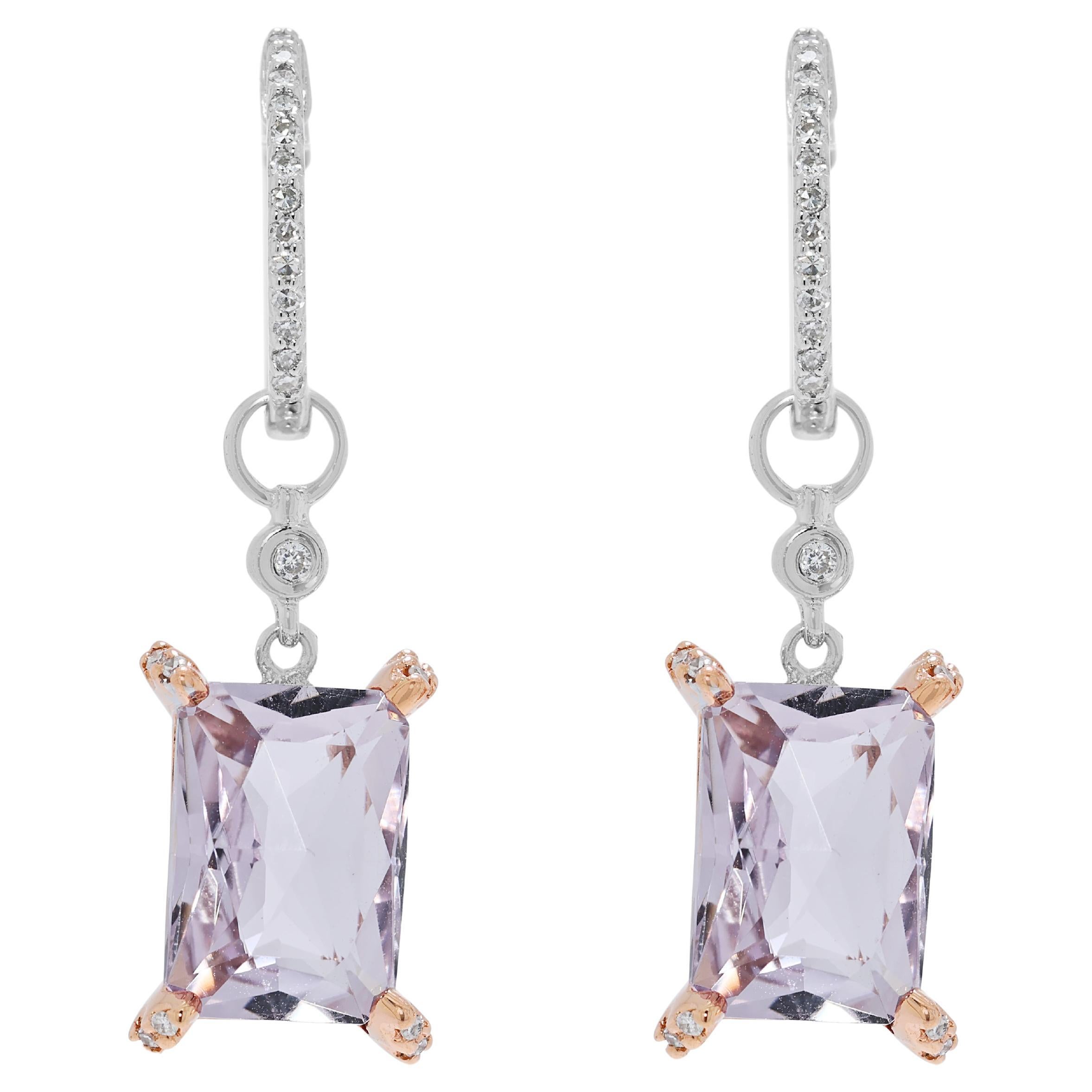 Stunning 4.77ct Morganite & Natural Diamond Drop Earrings in 14K Two-Toned Gold in vendita