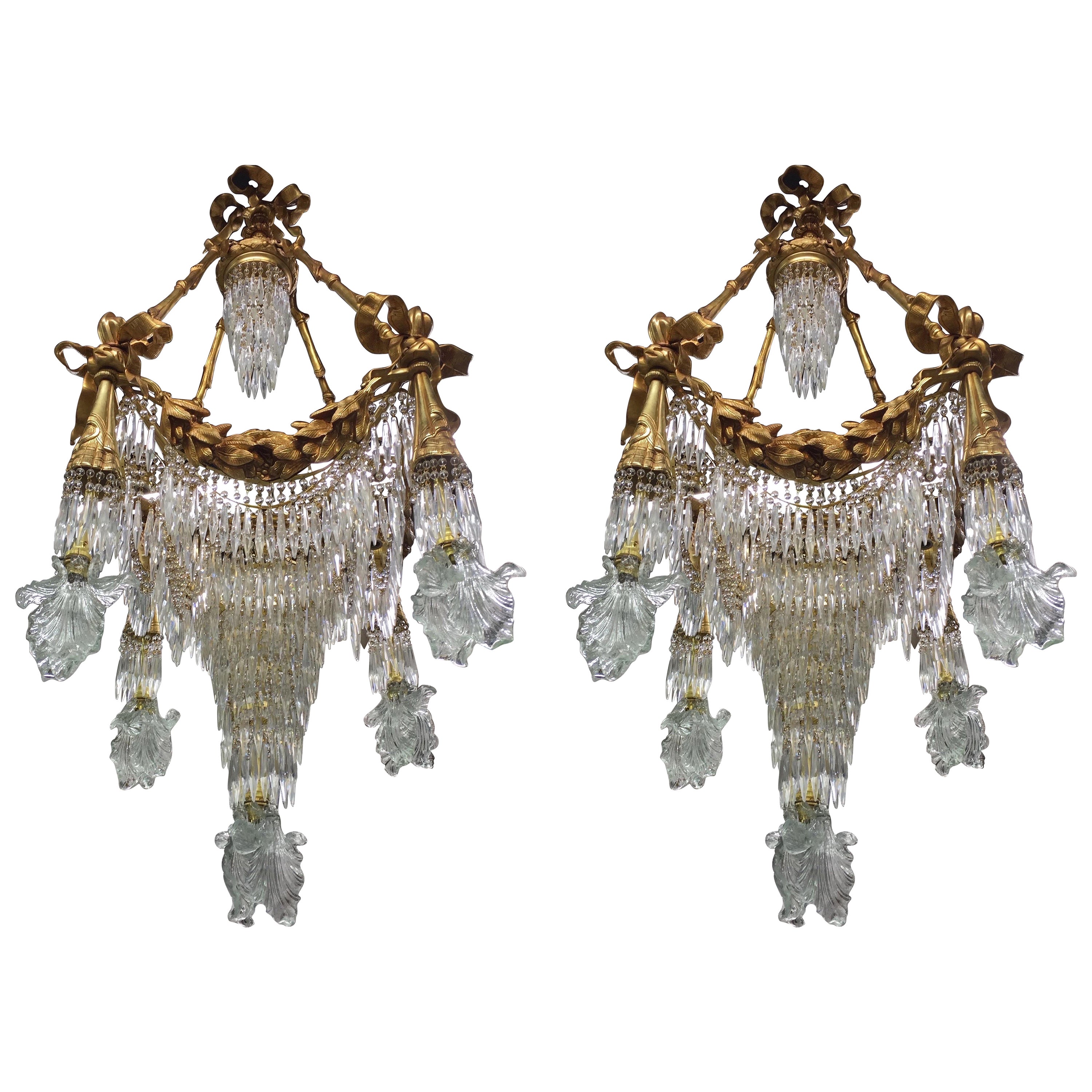 Stunning 4ft tall, French crystal waterfall chandelier (pair available) For Sale