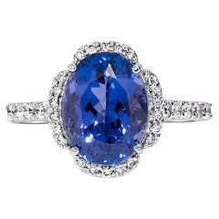 Stunning 5 Carat Blue Oval Tanzanite & Diamond Fashion Ring in 14k White Gold