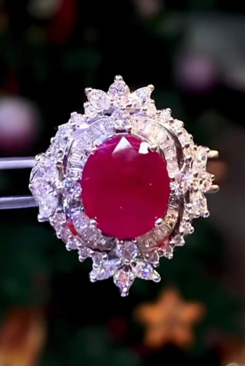Contemporary AIG Certified 3.40 Carat Burma Ruby  1.50 Ct Diamonds 18k Gold Ring For Sale