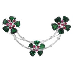 Stunning 5.12ct Tsavorite and Ruby Floral Garland Brooch in 18k White Gold