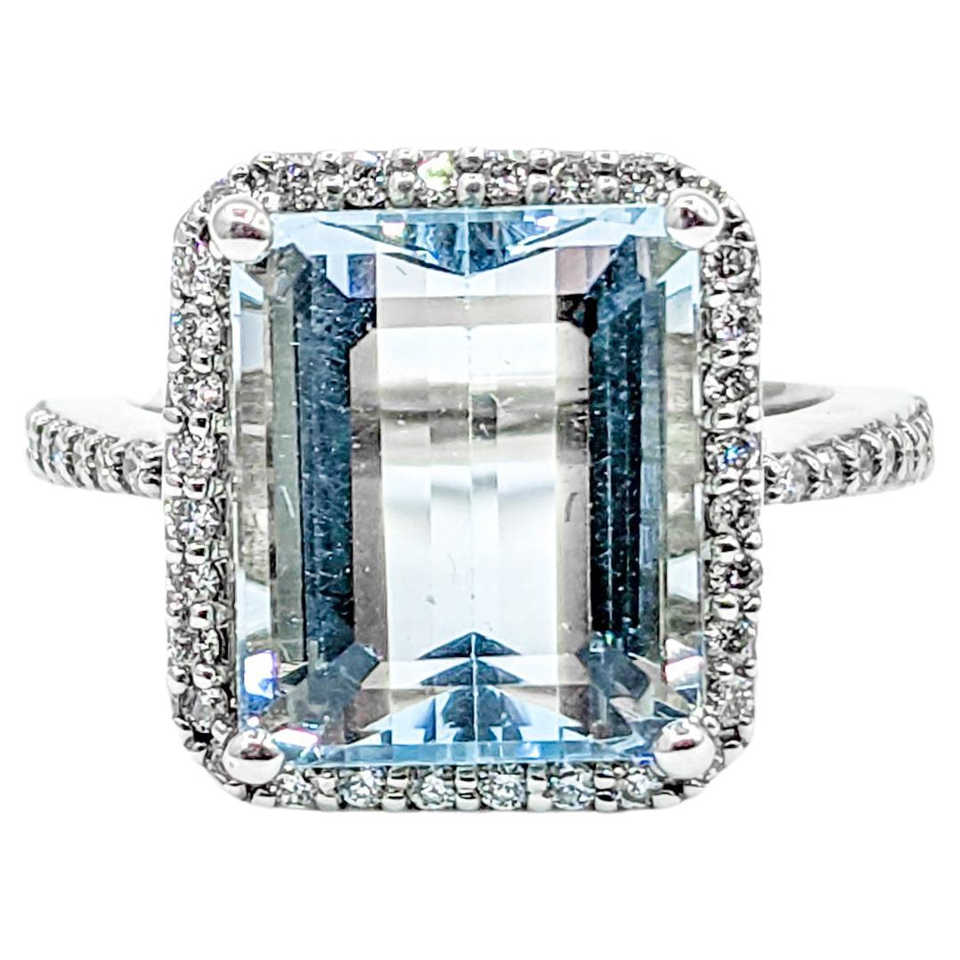 Stunning 5.65ct Aquamarine & Diamond Halo Cocktail Ring in 14K White Gold