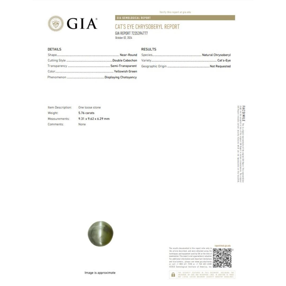 Stunning 5.76ct Chrysoberyl Gemstone - GIA Certified

This stunning 5.76-carat yellowish-green chrysoberyl shines with a unique combination of brilliance and color. Its near-round shape accentuates the natural beauty of the stone, with captivating