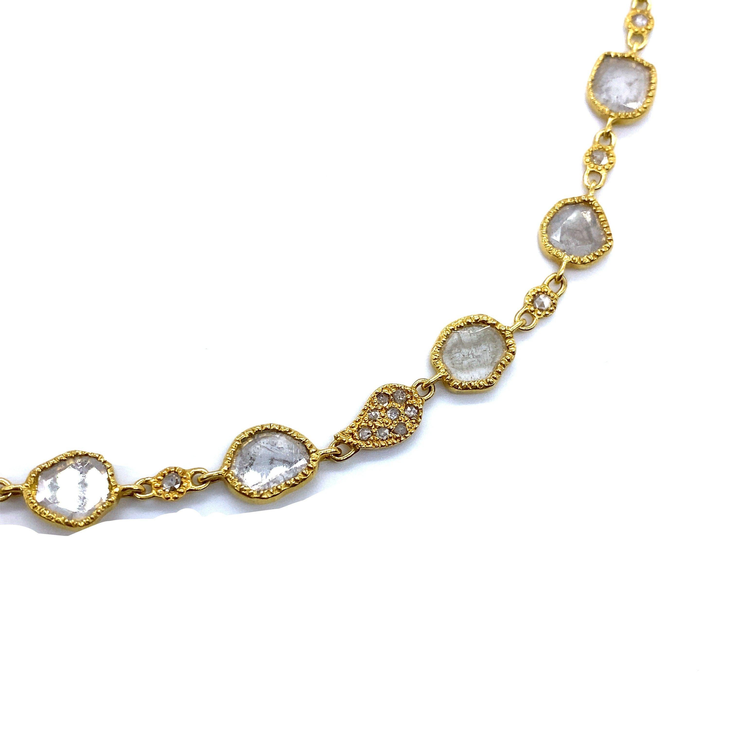 Luminosity Necklace Set in 20 Karat Yellow Gold with 6.32 Carat White Rose-Cut Diamonds and Clasps. This Simple But Stunning Necklace Features Rose-Cut White Diamonds with Polished Gold Clasps.