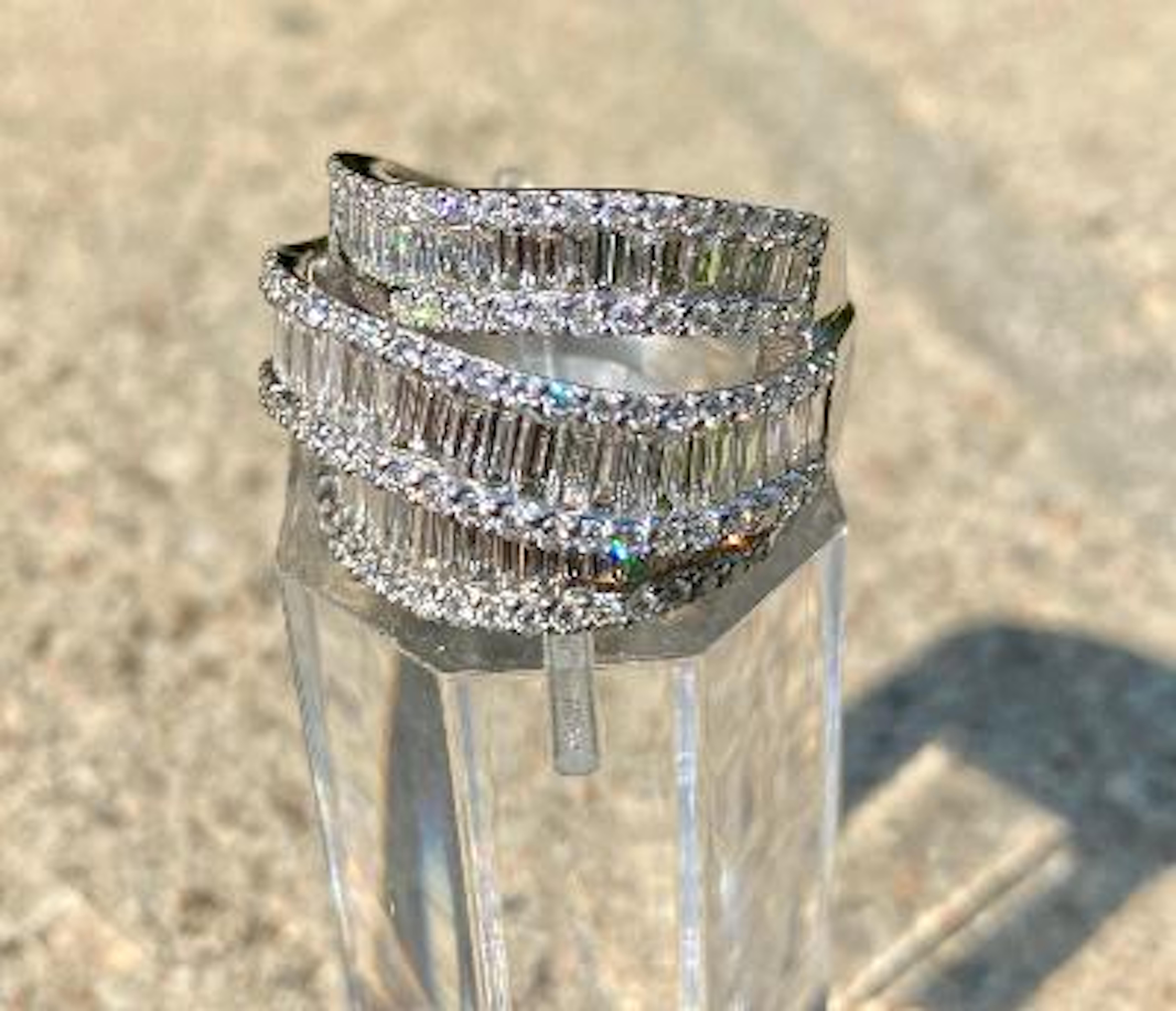 Stunning 6.50 Carat F Color 3-Row Wide Baguette Diamond White Gold Band Ring In Excellent Condition In Tustin, CA