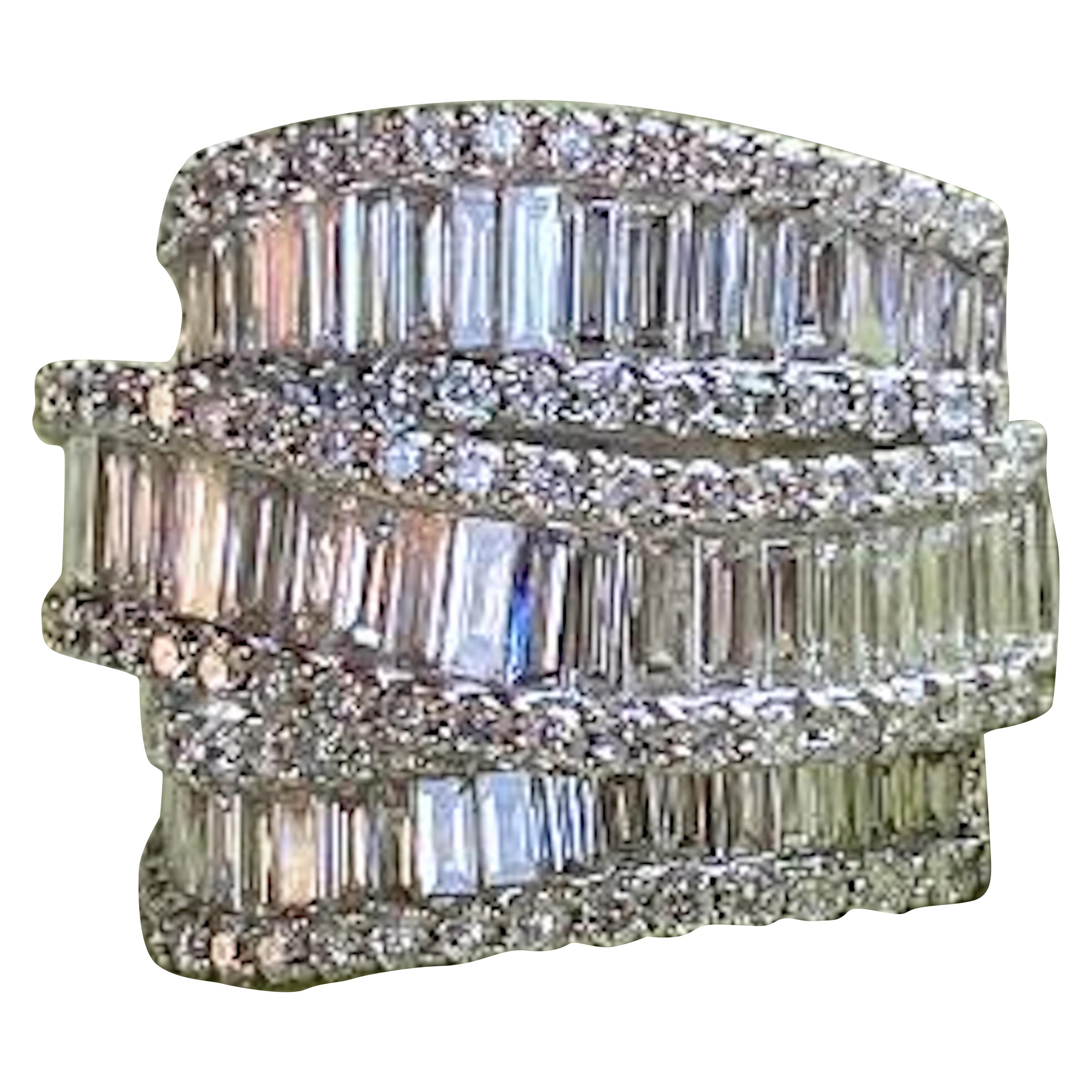 Stunning 6.50 Carat F Color 3-Row Wide Baguette Diamond White Gold Band Ring
