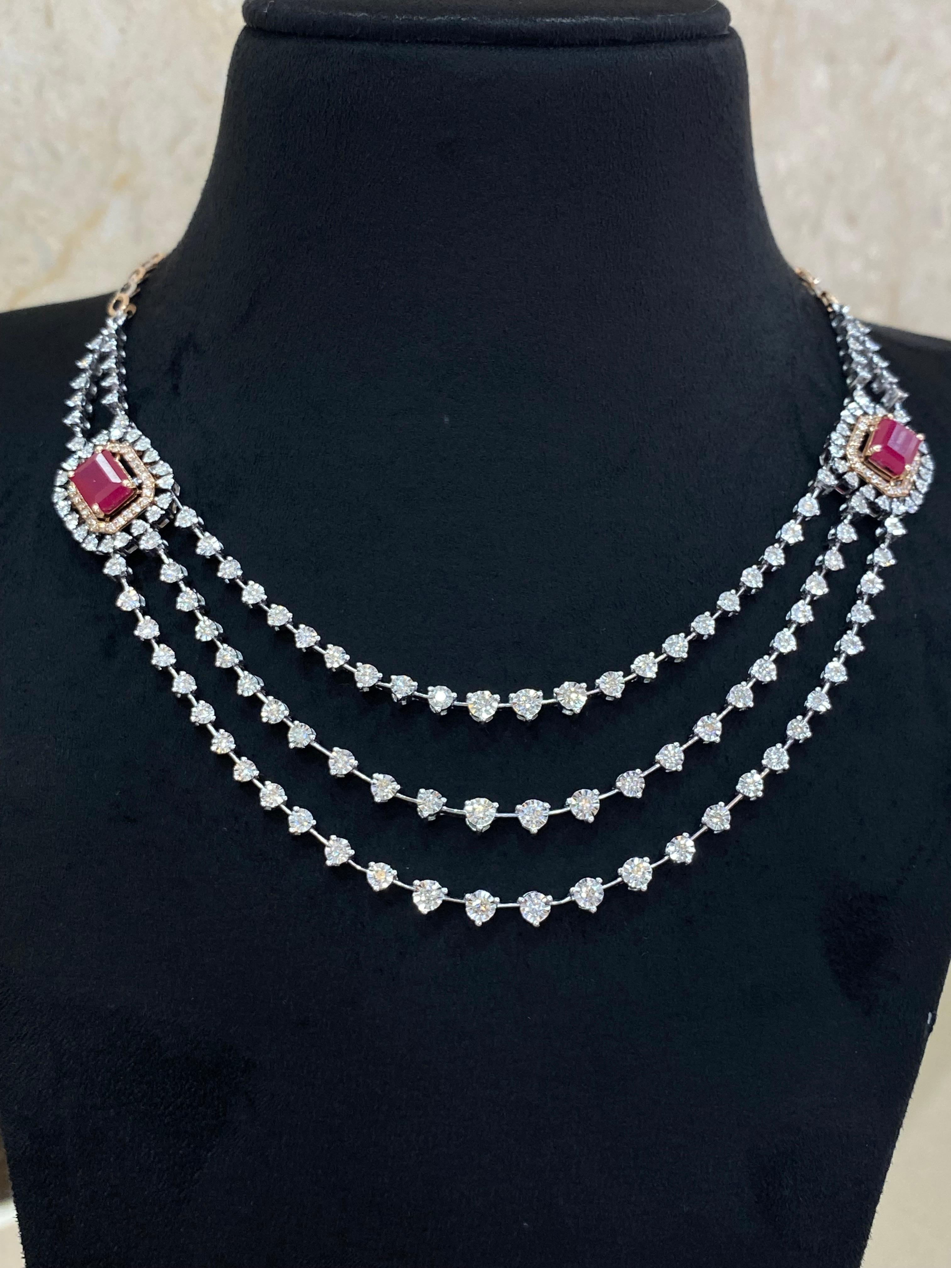 Elevate your elegance with the breathtaking allure of these exquisite three-strand tennis necklaces, featuring dazzling 2.69 carats of diamonds and 4.20 carats of radiant rubies. Infuse glamour into your ensemble effortlessly!

Specifications :