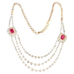 Stunning 6.89 Cts F-VS1 Round Brilliant Diamonds Ruby 3-Strand Necklace 14K Gold