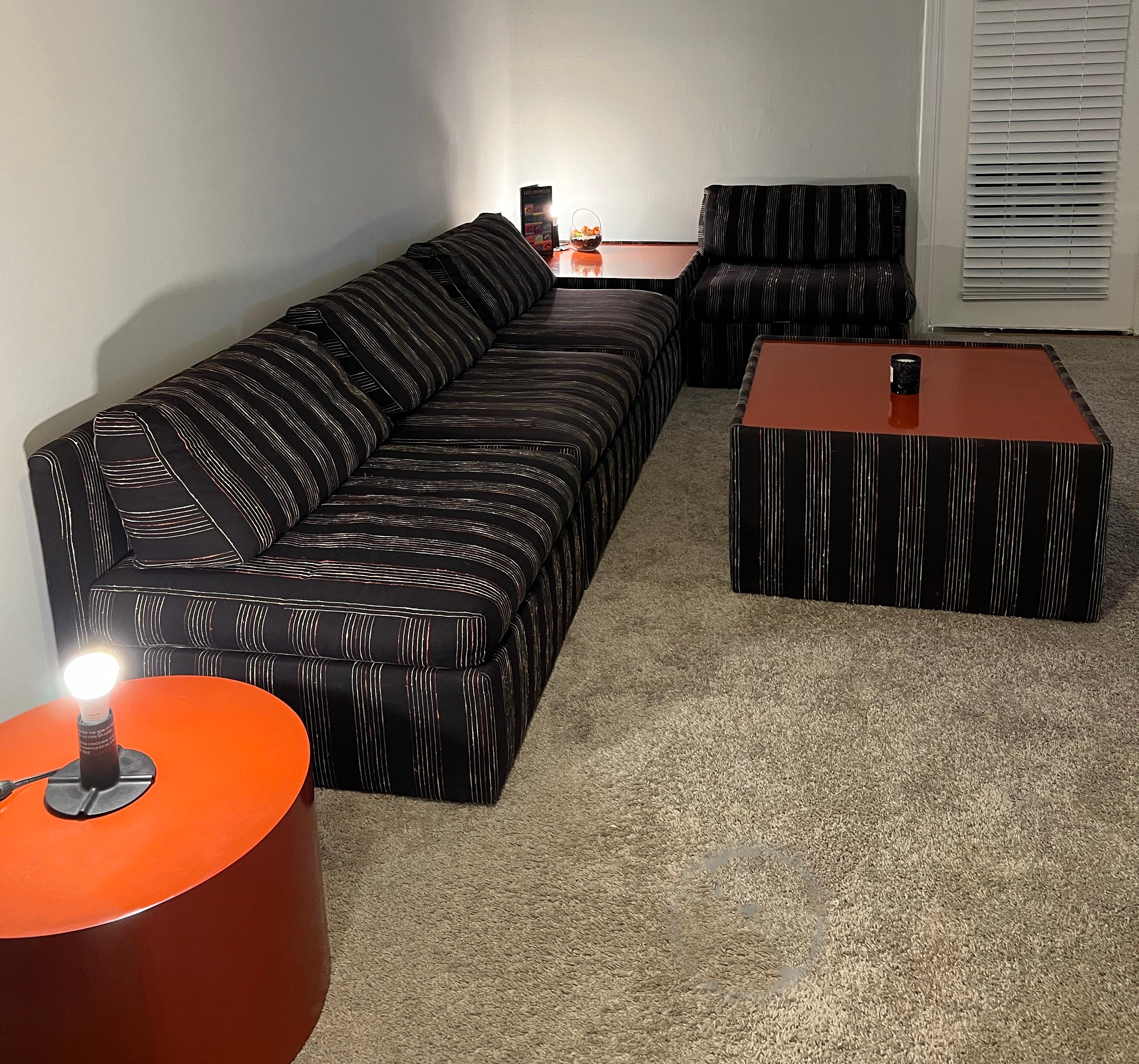 For your consideration we are excited to offer this extremely rare and original sectional pit group designed by Milo Baughman and built by Thayer Coggin. This very versatile 6 piece set consists of 4 separate seating elements and 2 laminate topped