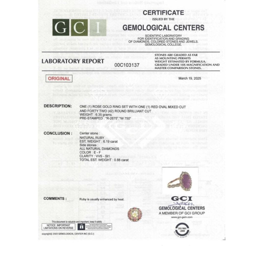Donna Stupendo anello a grappolo con rubino e diamanti da 7,07 carati in oro rosa 18 carati - Certificato GCI in vendita