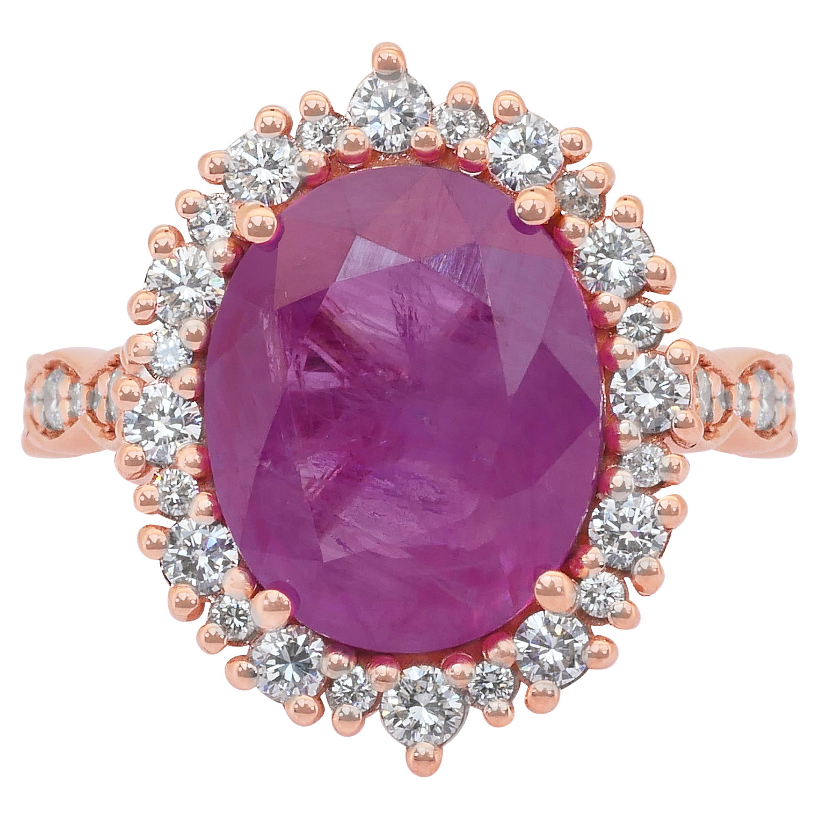 Stunning 7.07ct Ruby and Diamonds Cluster Ring in 18k Rose Gold - GCI Certified