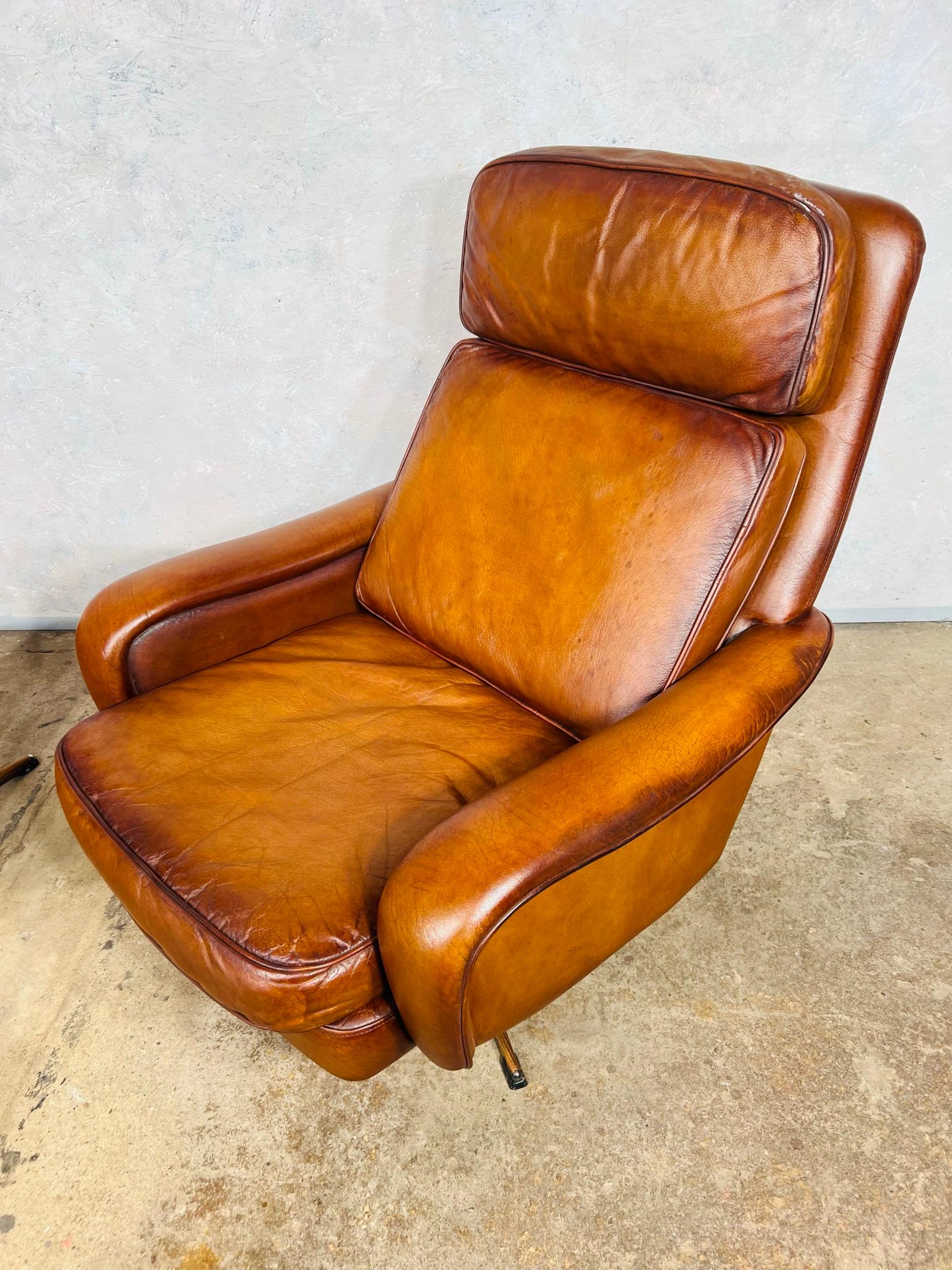 Stunning 1970s Vintage Danish Tilt Back Leather Swivel Chair and Stool For Sale 3