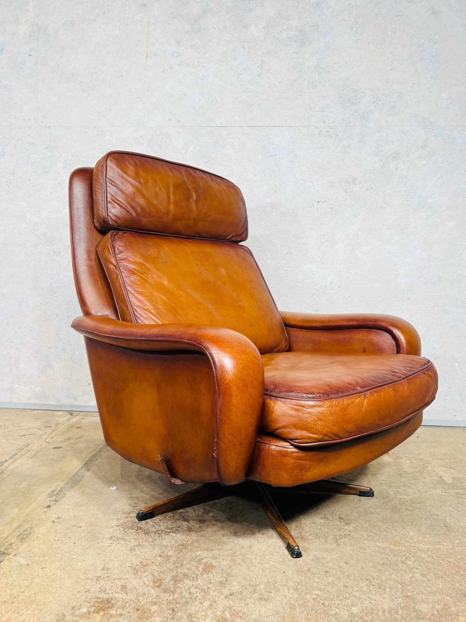 Stunning 1970s Vintage Danish Tilt Back Leather Swivel Chair and Stool In Good Condition For Sale In Lewes, GB