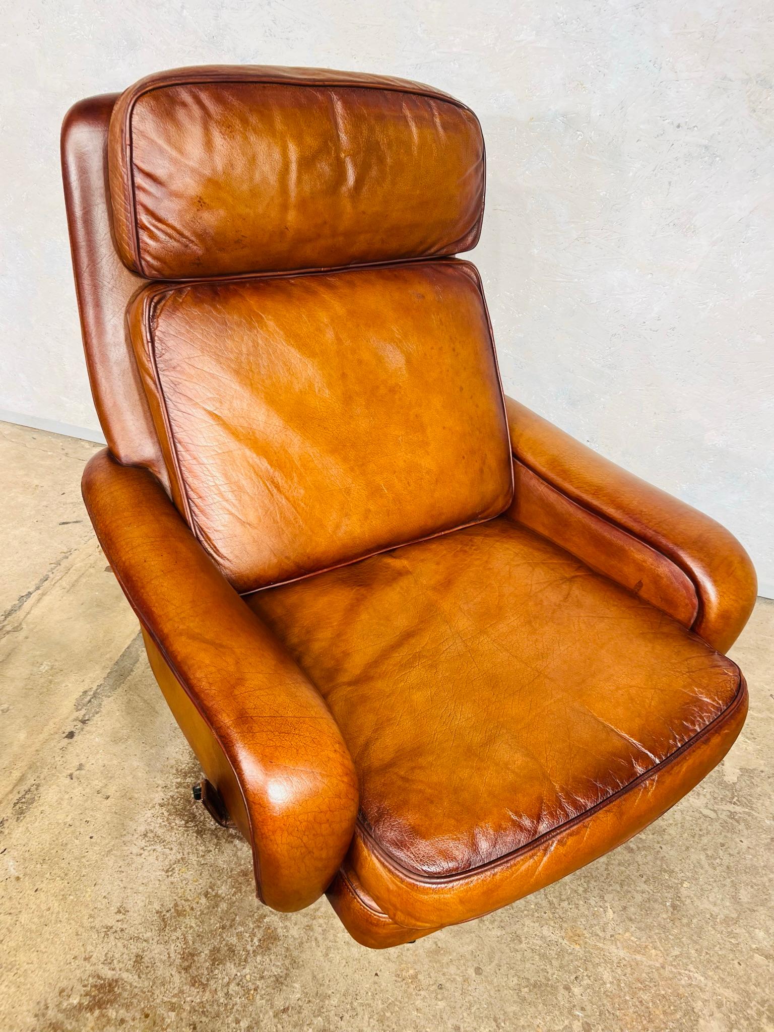 Stunning 1970s Vintage Danish Tilt Back Leather Swivel Chair and Stool For Sale 1