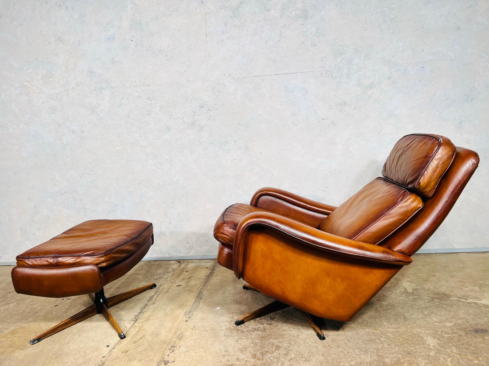 Stunning 1970s Vintage Danish Tilt Back Leather Swivel Chair and Stool For Sale 2