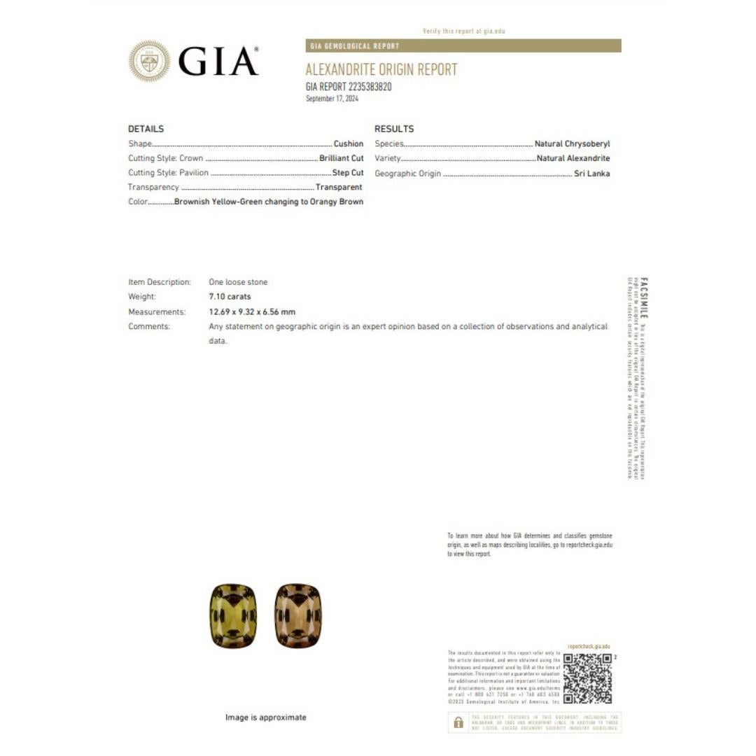 This breathtaking 7.10-carat cushion-cut Alexandrite showcases an extraordinary color-changing phenomenon, shifting from a rare brownish-yellow-green to a warm orangy-brown under incandescent light. The gemstone’s unique color play and impressive