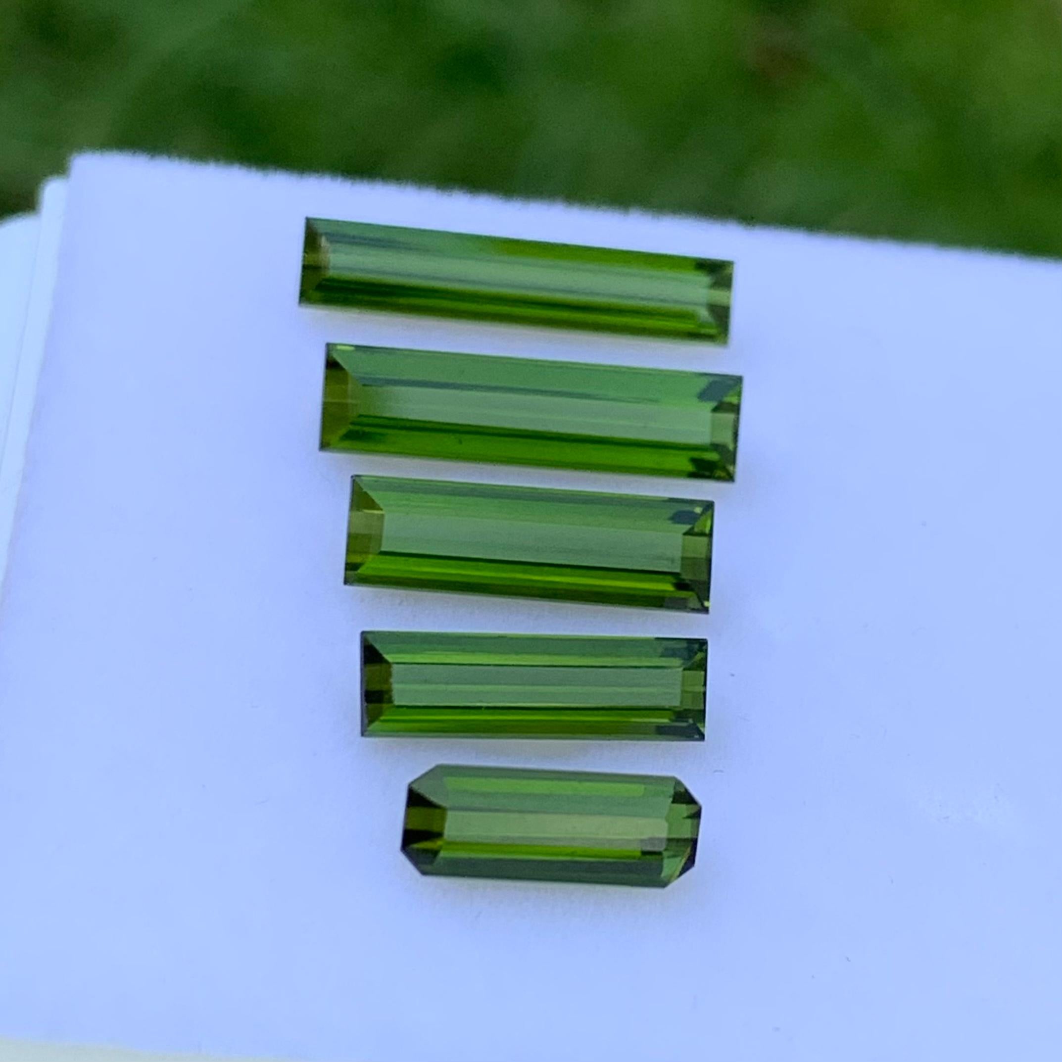 Tourmaline Lot
Weight: 7.30 Carats 
Size: 1 to 2 Carats 
Origin: Afghanistan 
Color: Green
Shape: Baguettes 
Certificate: On Customer Demand 
Green tourmaline, also known as 