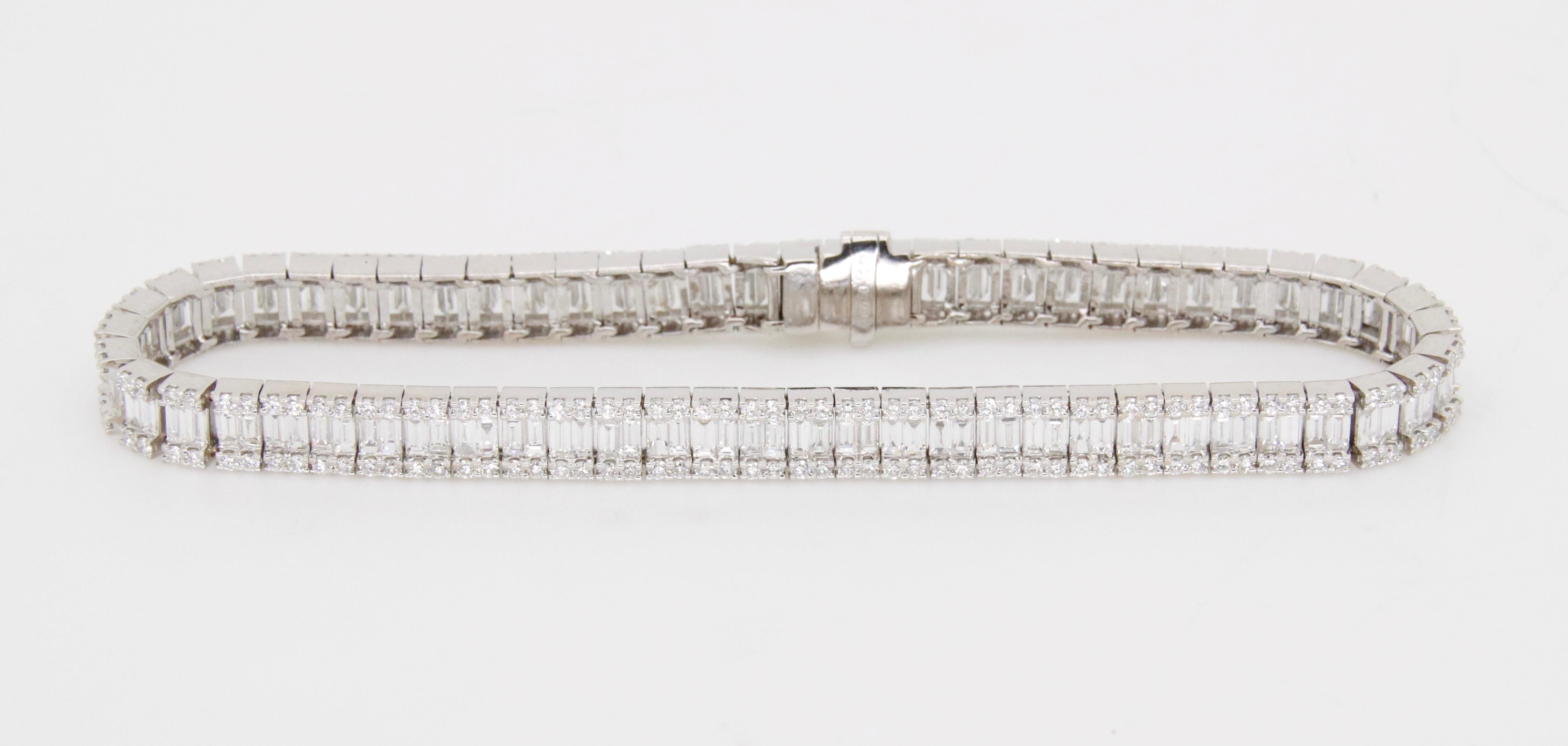 Stunning 7.44CTW diamond bracelet made with Baguette and Round Brilliant cut diamonds made in 18k white gold. 

Diamond Carat Weight: Approximately 7.44CTW
Diamond Cut: Straight Baguette & Round Brilliant Cut     
Color: Average: E-G
Clarity:
