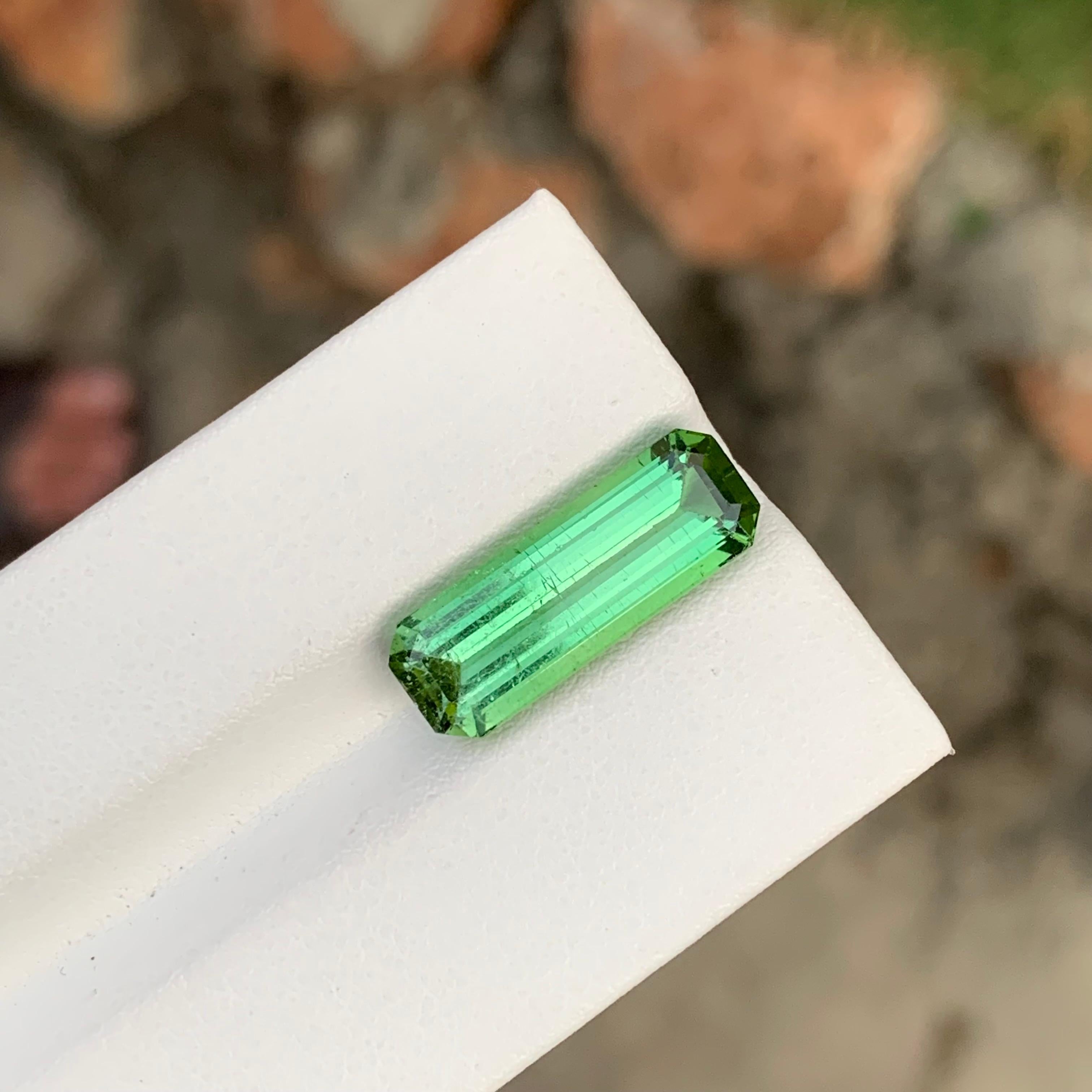 Loose Tourmaline
Weight: 7.50 Carats
Dimension: 19.2 x 6.9 x 5.9 Mm
Origin: Kunar Afghanistan
Shape: Emerald
Color: Mint Green
Treatment: Non
Certificate: On Demand

Mint green tourmaline, with its delicate hue reminiscent of fresh spring foliage,