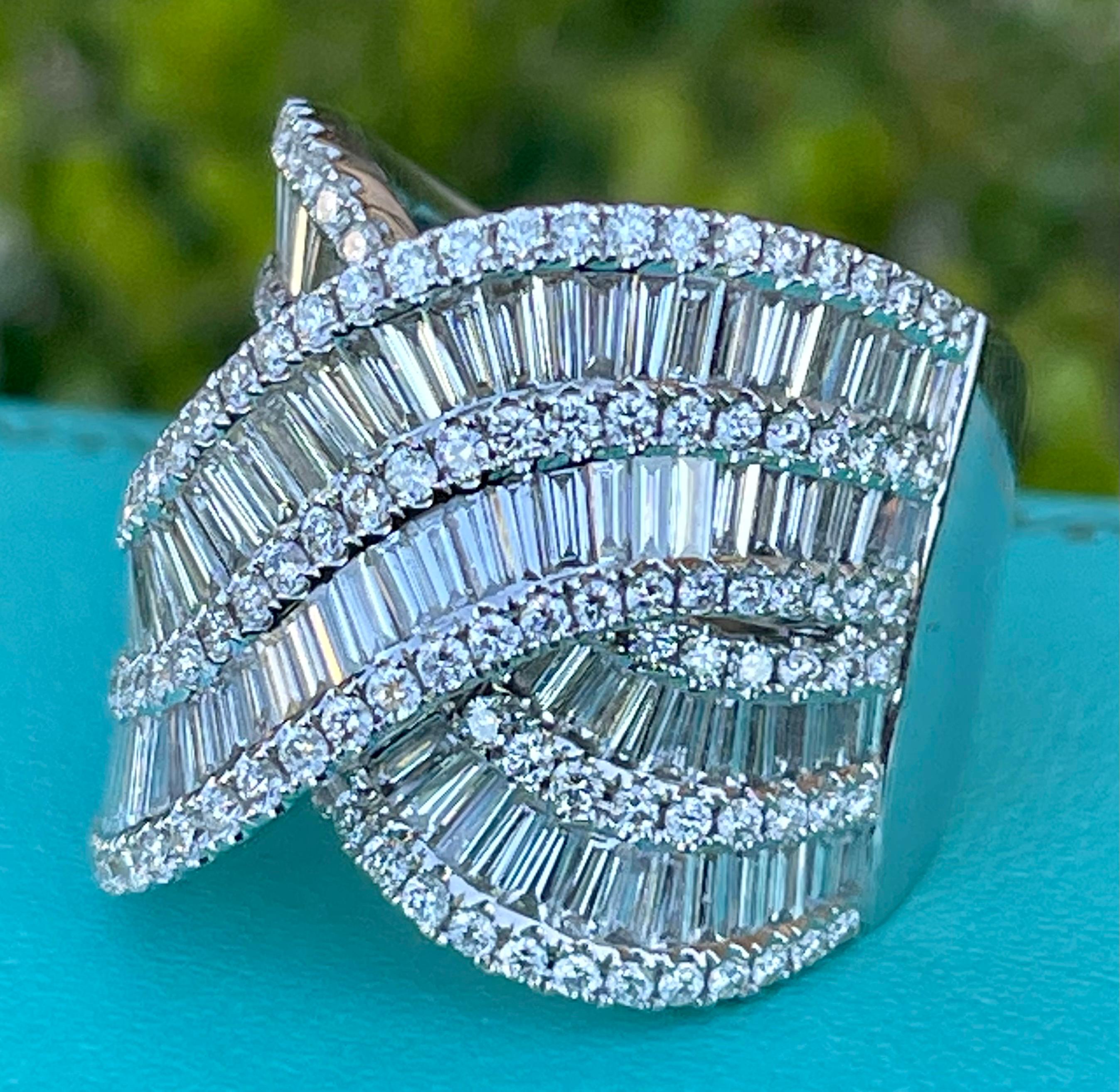 Baguette Cut Stunning 8.00 Carat Diamond Four Row X Design Wide 18 Karat White Gold Band Ring