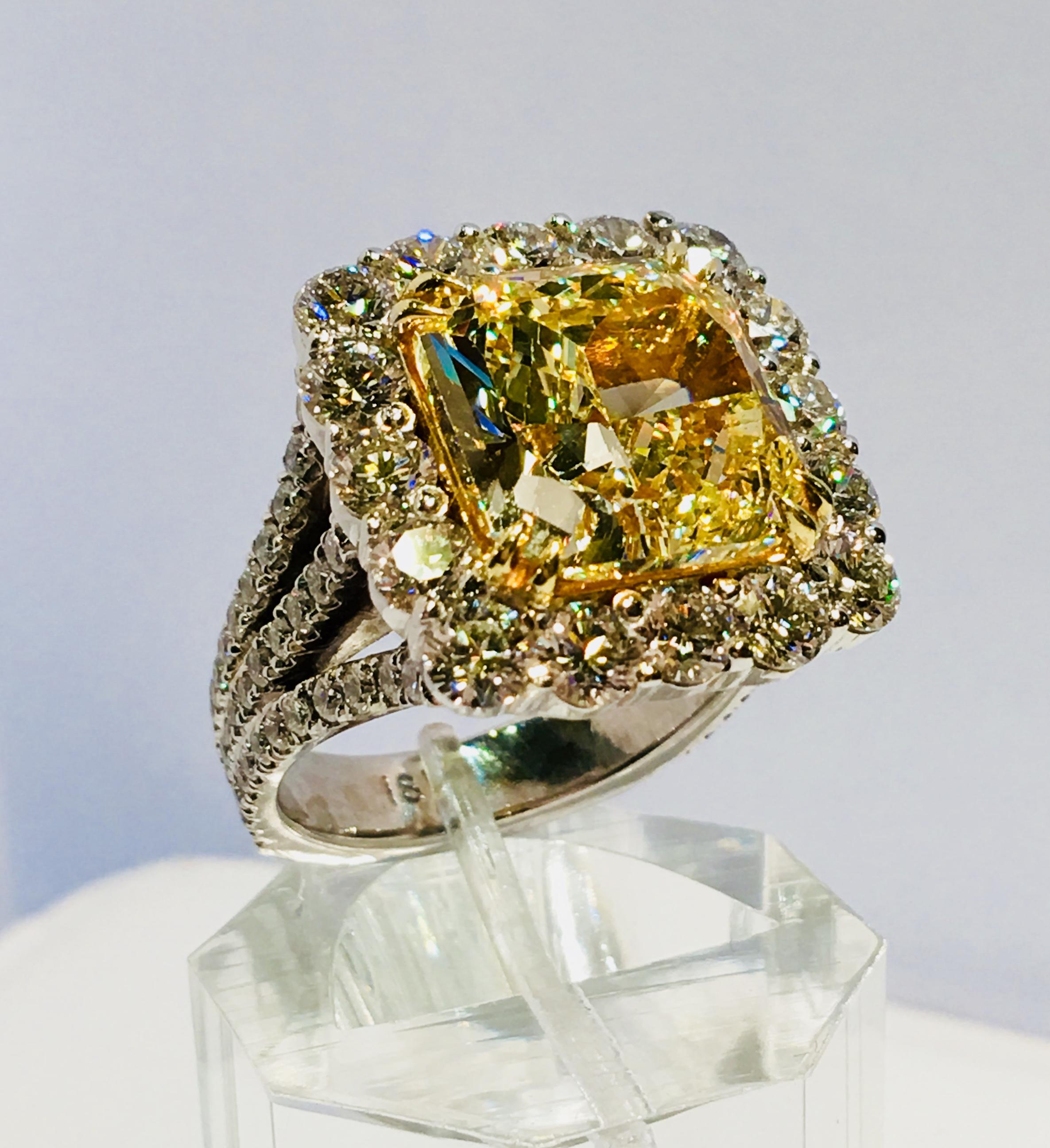Radiant Cut Stunning 8.48 Carat Certified Natural Fancy Yellow Square Cut Diamond Halo Ring