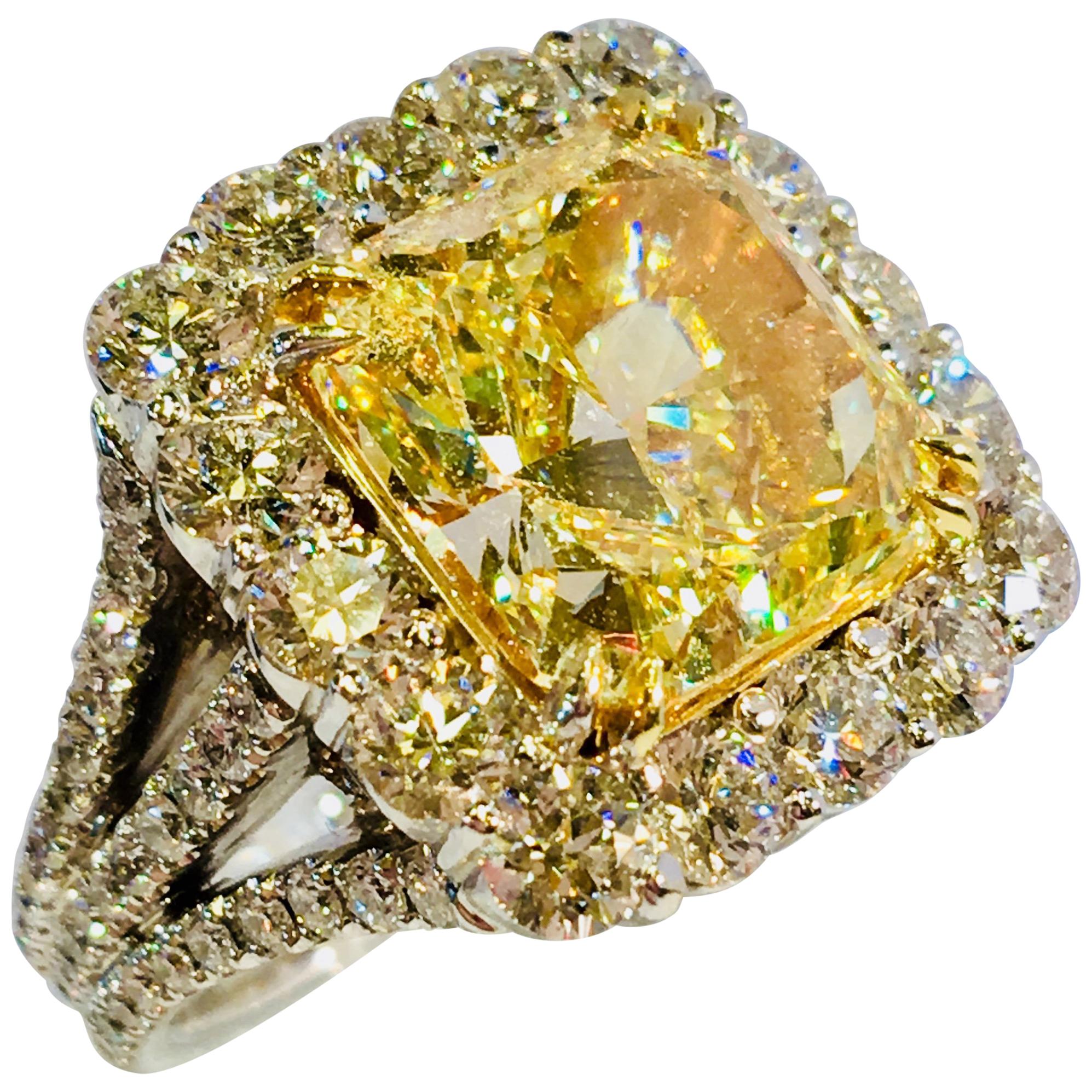 Stunning 8.48 Carat Certified Natural Fancy Yellow Square Cut Diamond Halo Ring
