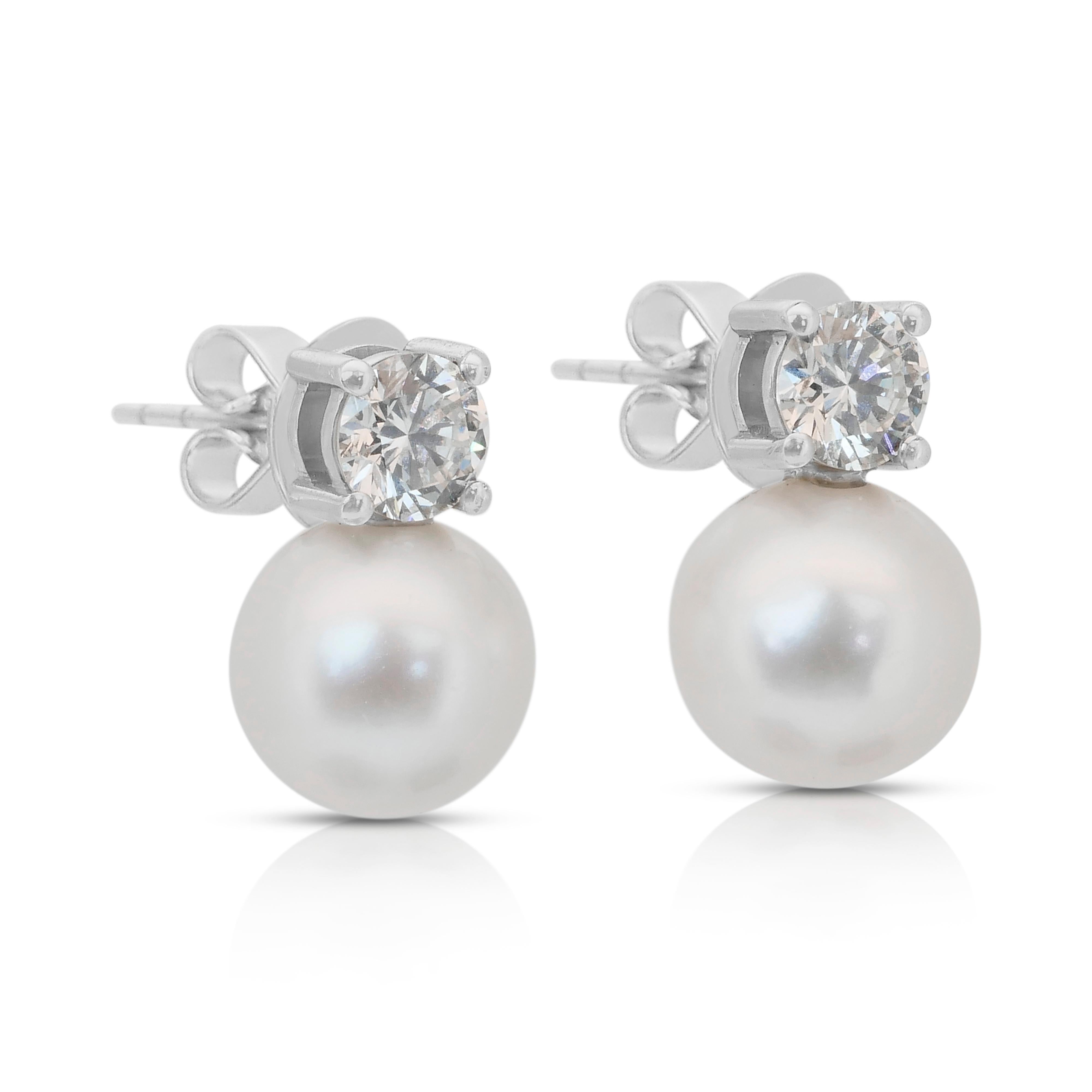 Round Cut Stunning 8.87ct Fresh Water Cultured Pearls and Diamonds Drop Earrings For Sale