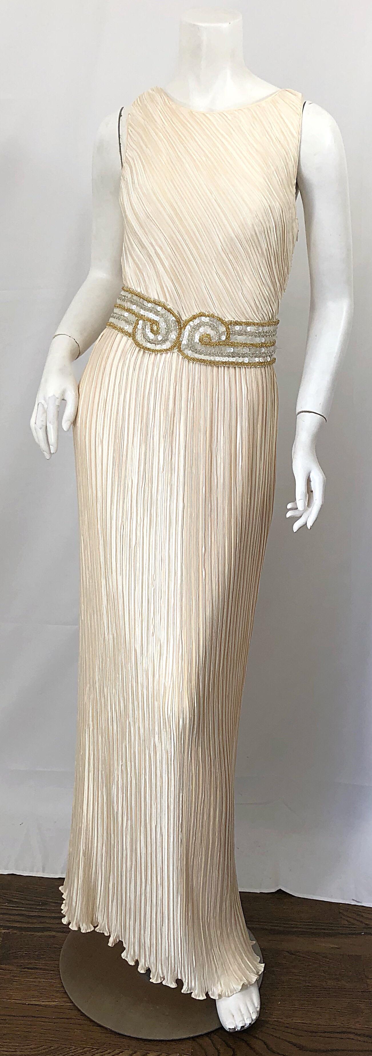 Stunning 90s George F Couture Sz 8 / 10 Ivory Fortuny Pleated Grecian Gown Dress 5