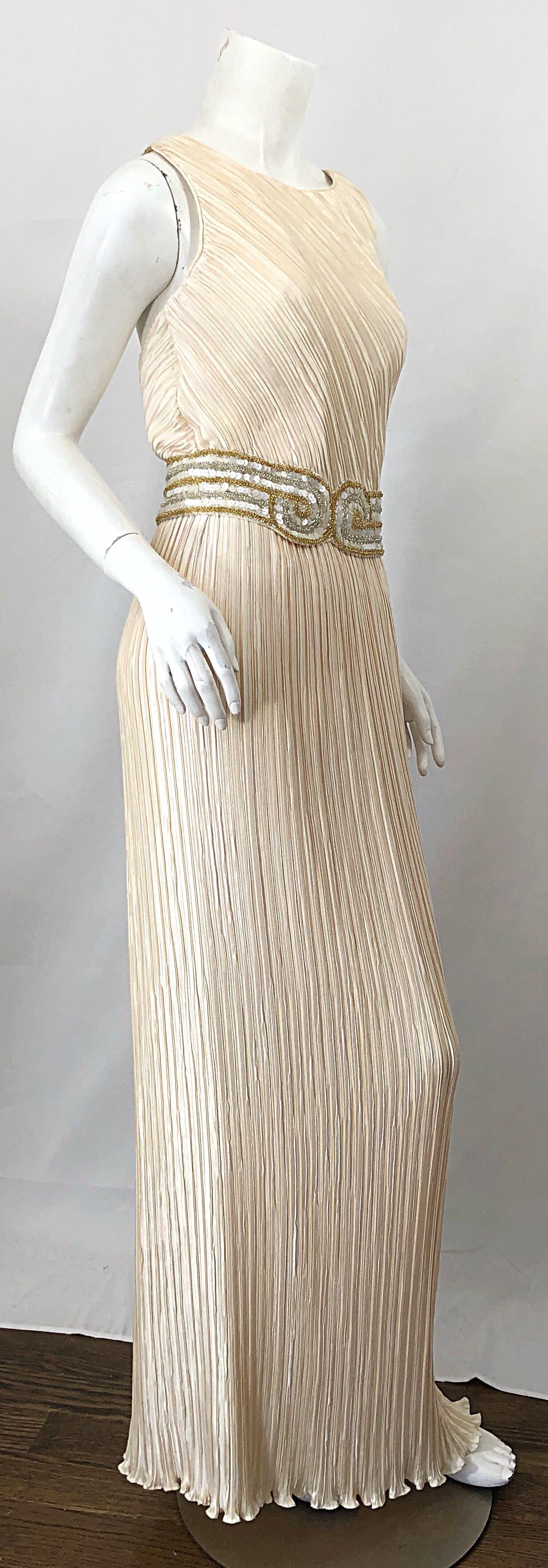 Beige Stunning 90s George F Couture Sz 8 / 10 Ivory Fortuny Pleated Grecian Gown Dress