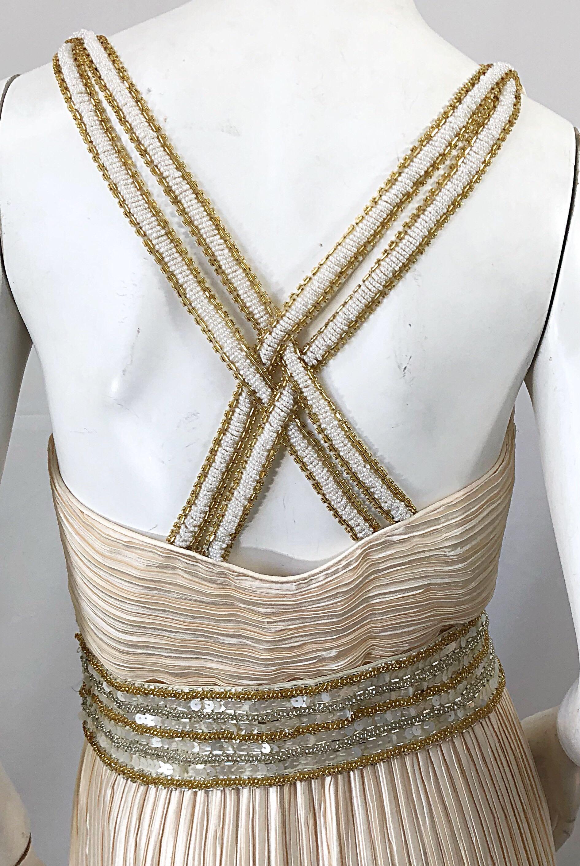 Stunning 90s George F Couture Sz 8 / 10 Ivory Fortuny Pleated Grecian Gown Dress In Excellent Condition In San Diego, CA